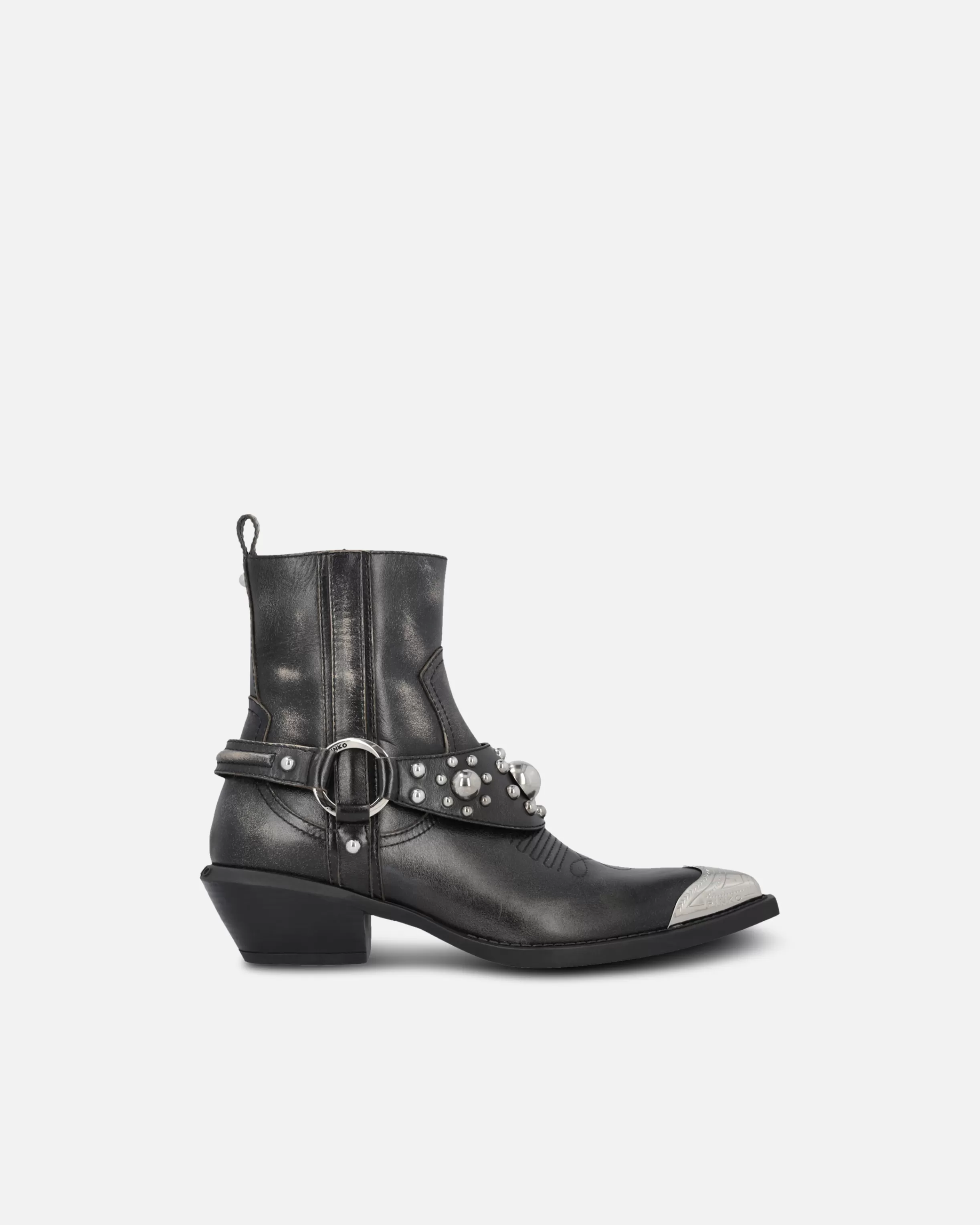 PINKO Ankle cowboy boots in distressed leather with a metal toe cap