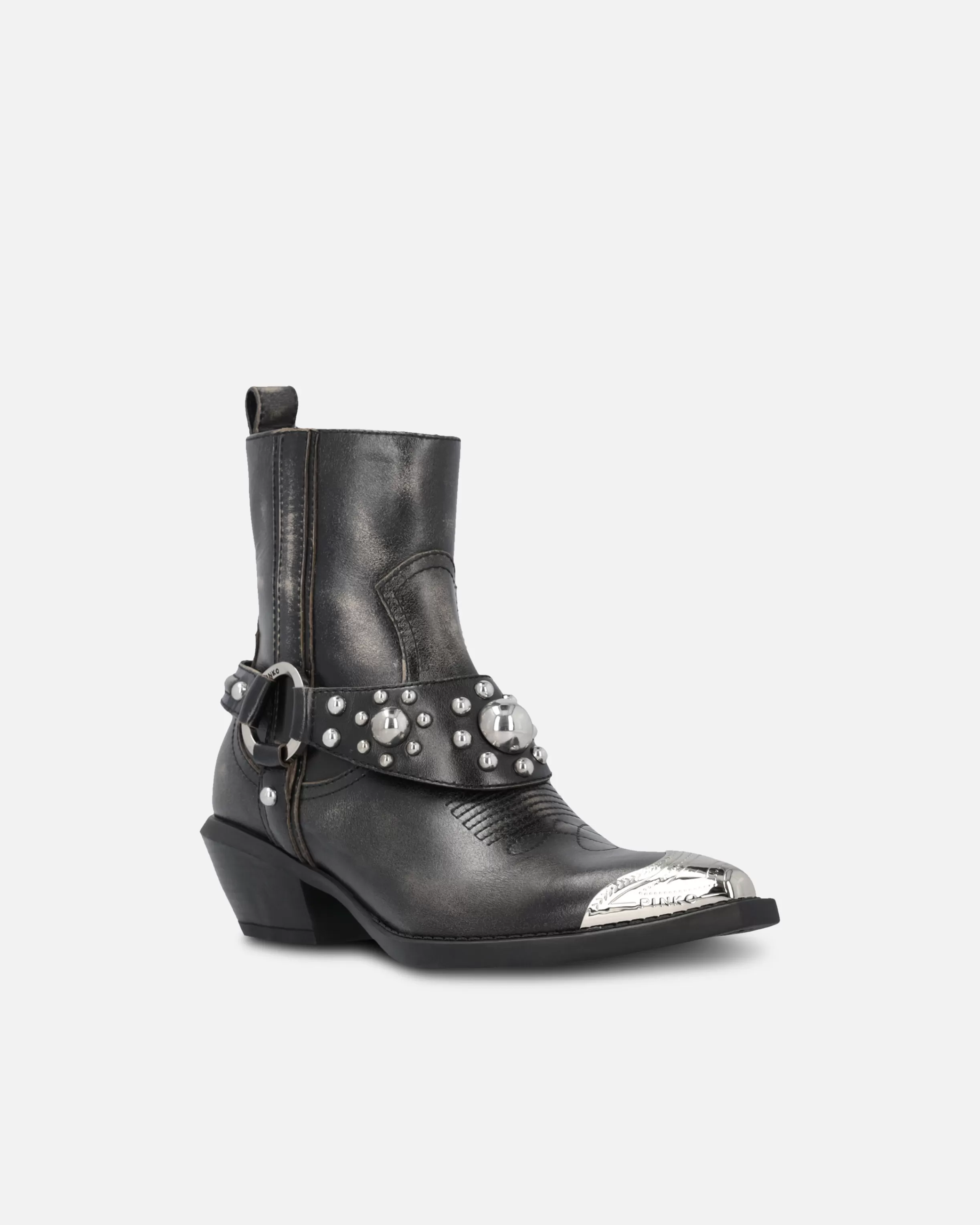 PINKO Ankle cowboy boots in distressed leather with a metal toe cap