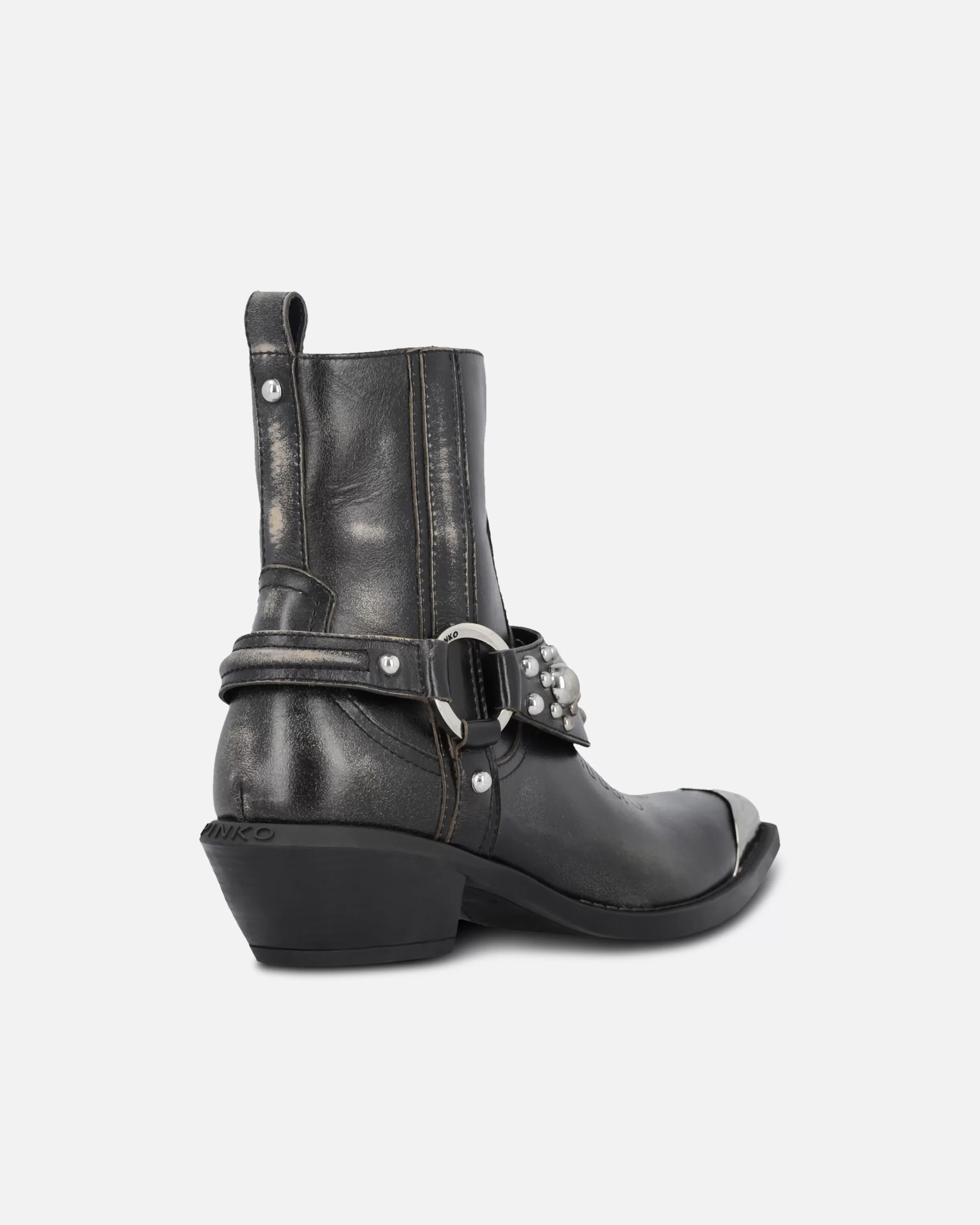 PINKO Ankle cowboy boots in distressed leather with a metal toe cap