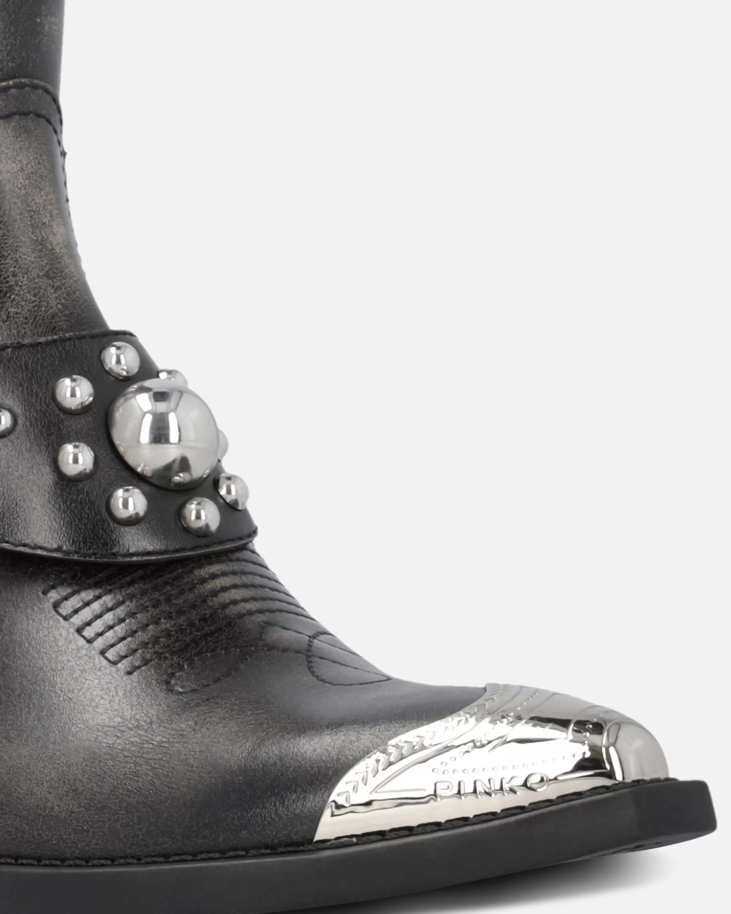 PINKO Ankle cowboy boots in distressed leather with a metal toe cap