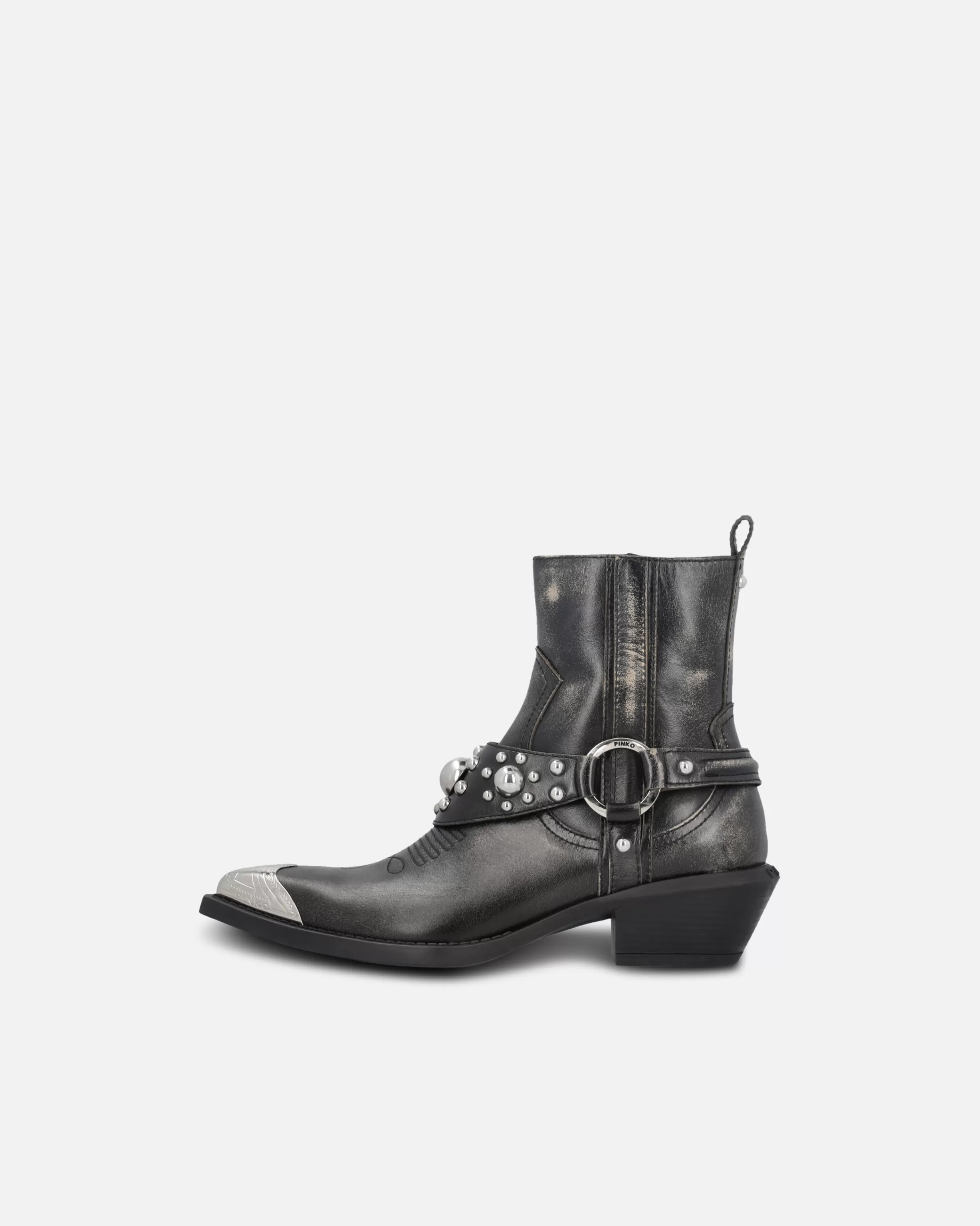 PINKO Ankle cowboy boots in distressed leather with a metal toe cap