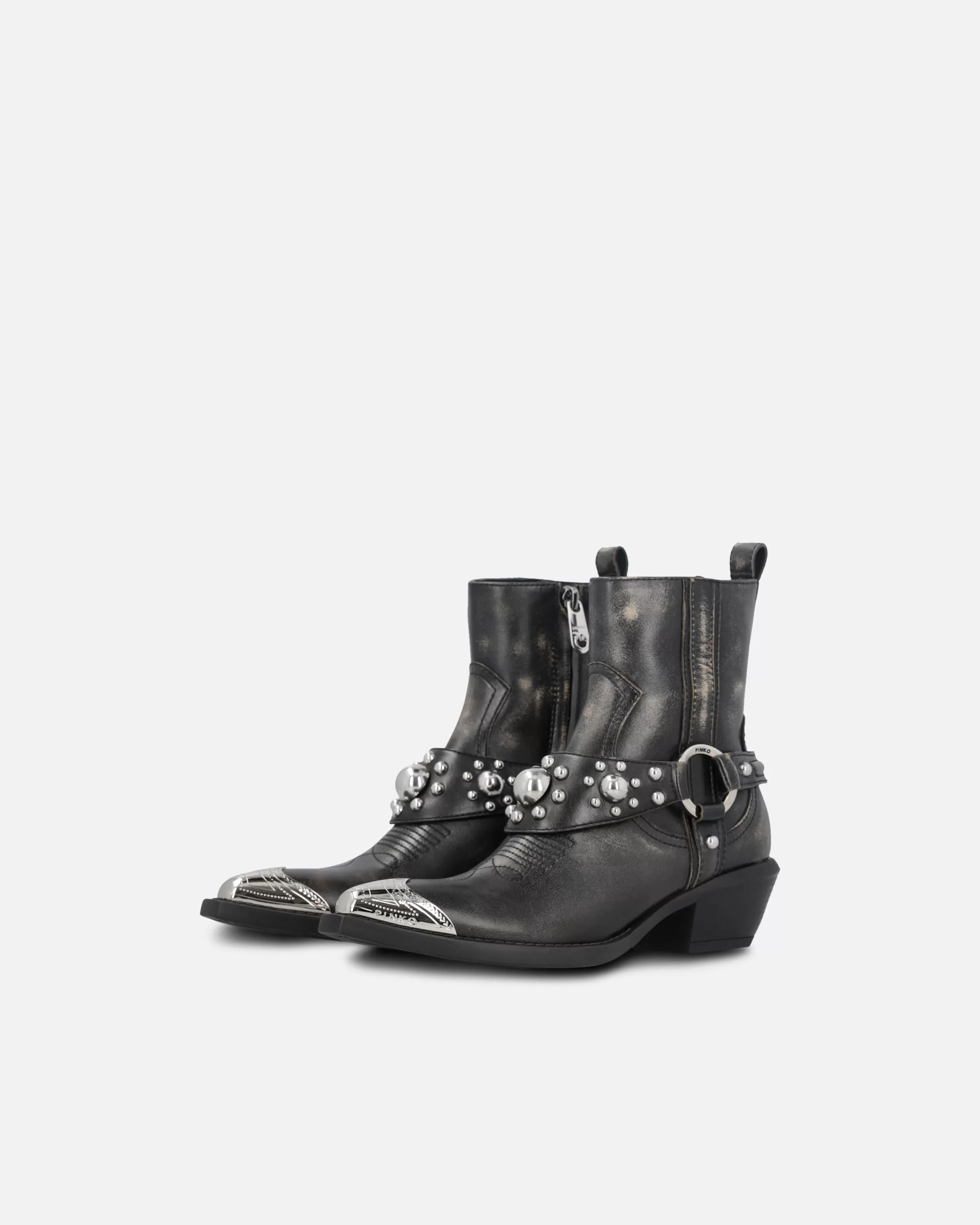 PINKO Ankle cowboy boots in distressed leather with a metal toe cap