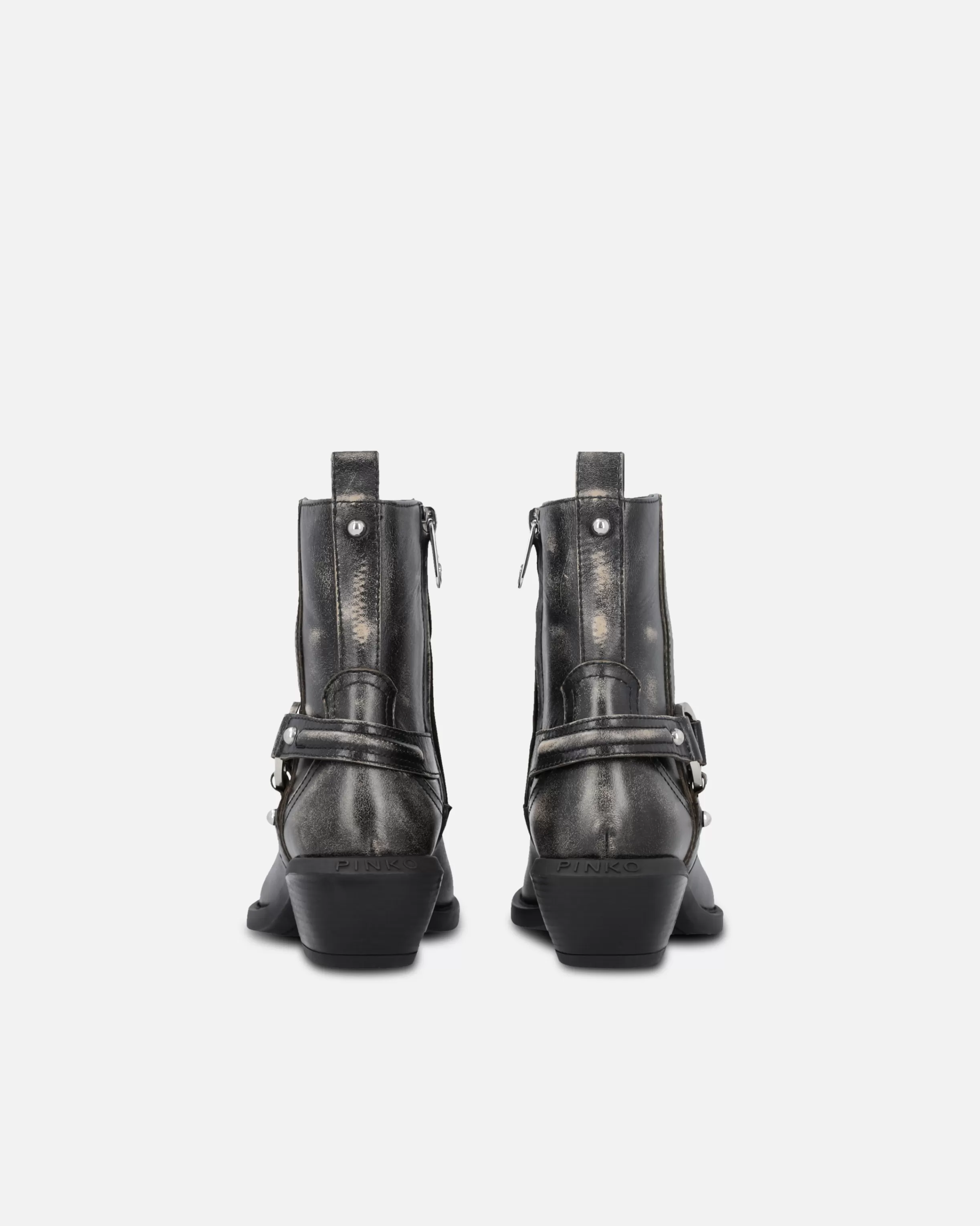 PINKO Ankle cowboy boots in distressed leather with a metal toe cap