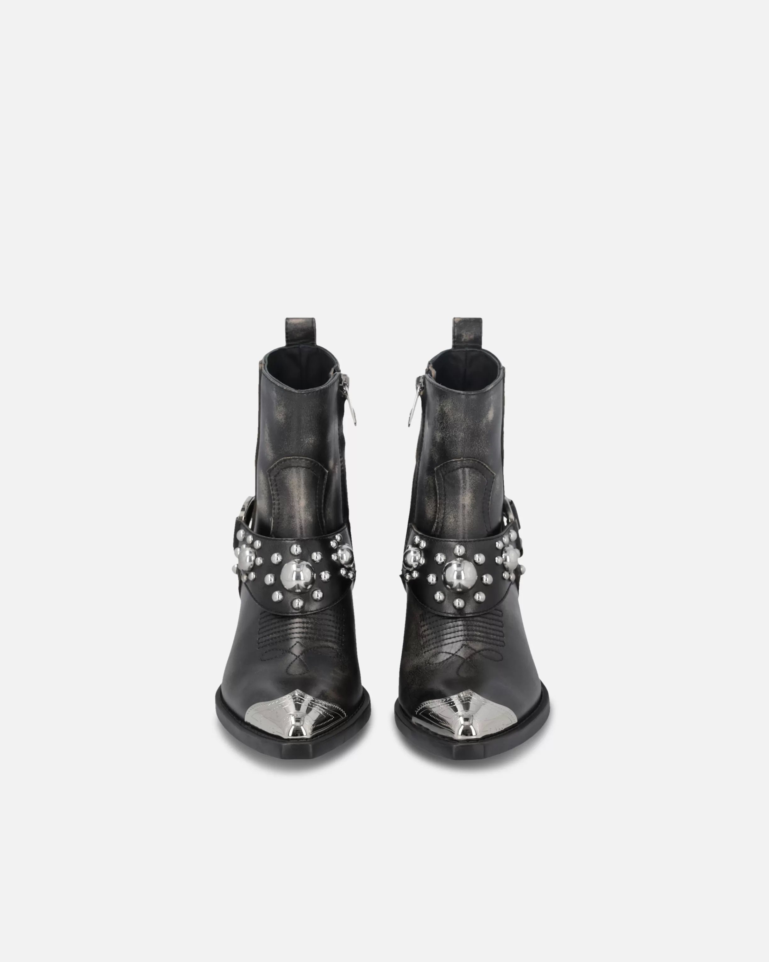 PINKO Ankle cowboy boots in distressed leather with a metal toe cap
