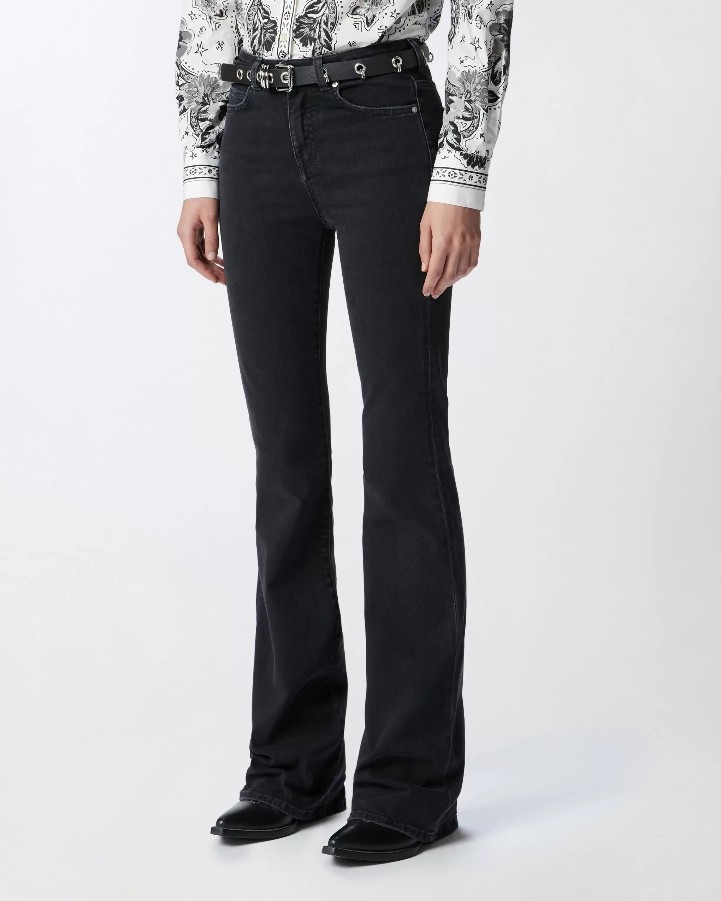 PINKO Black denim flared jeans with Love Birds belt