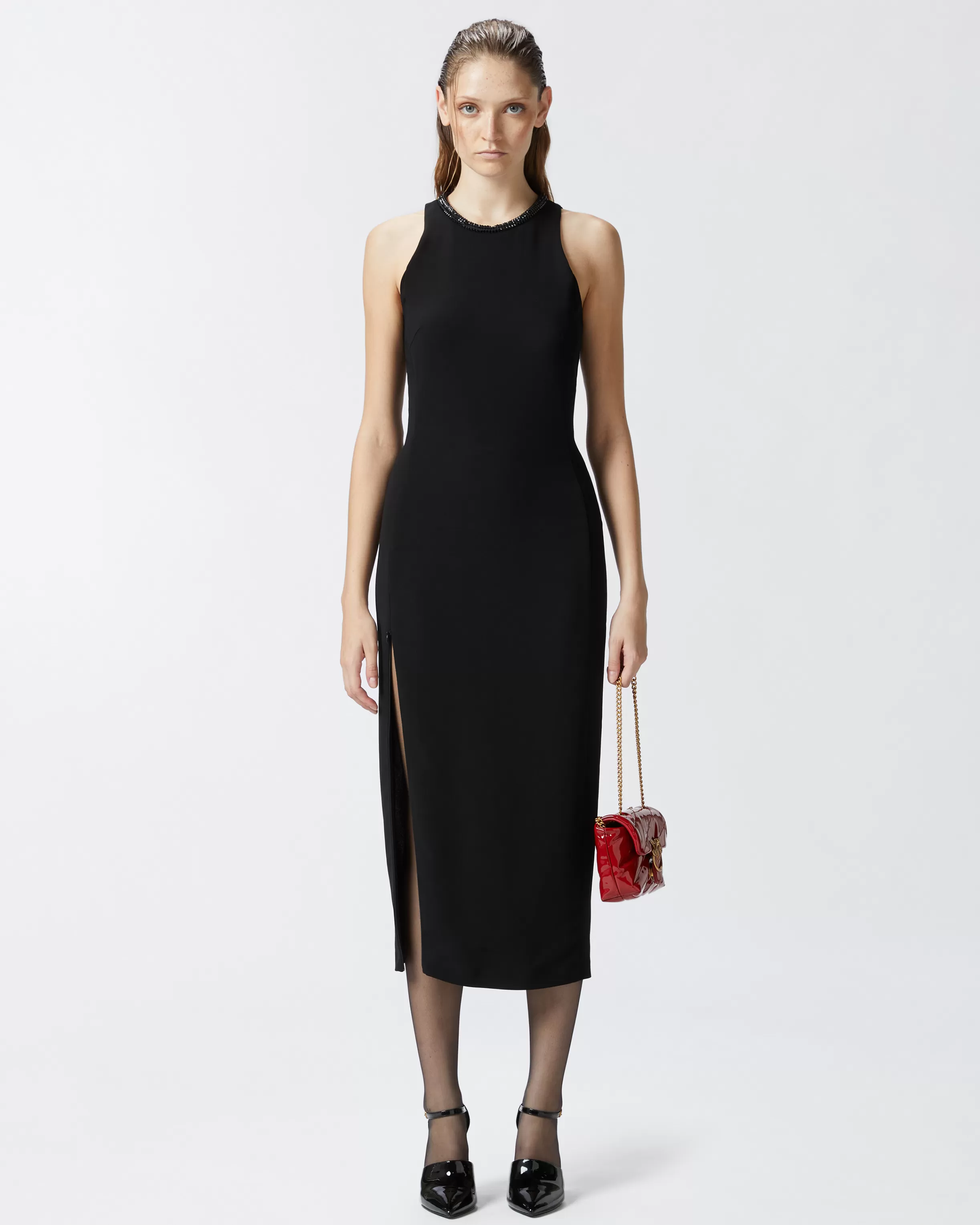 PINKO Black sheath dress with rhinestoned neckline