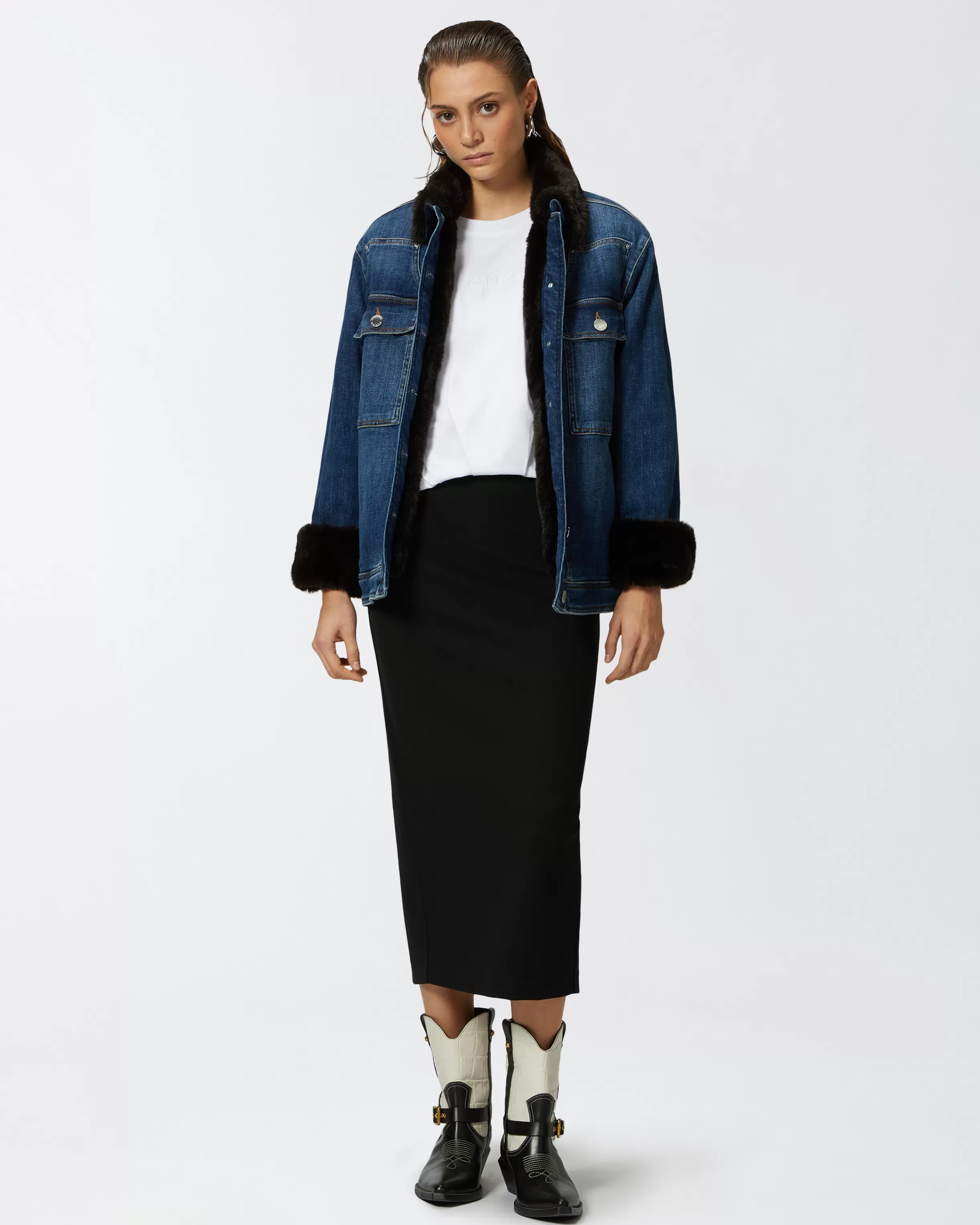 PINKO Blue denim overshirt jacket with fur-effect collar