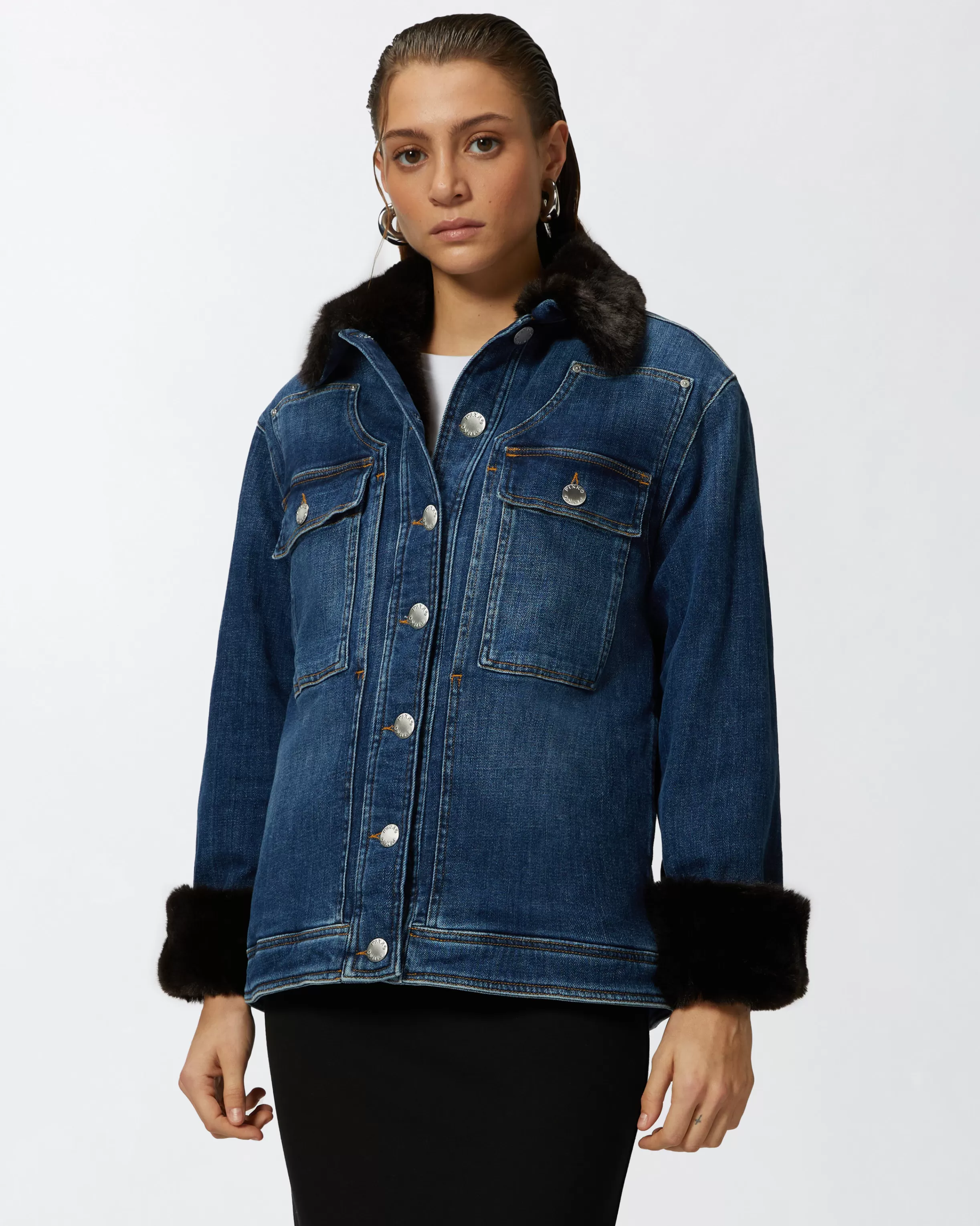 PINKO Blue denim overshirt jacket with fur-effect collar