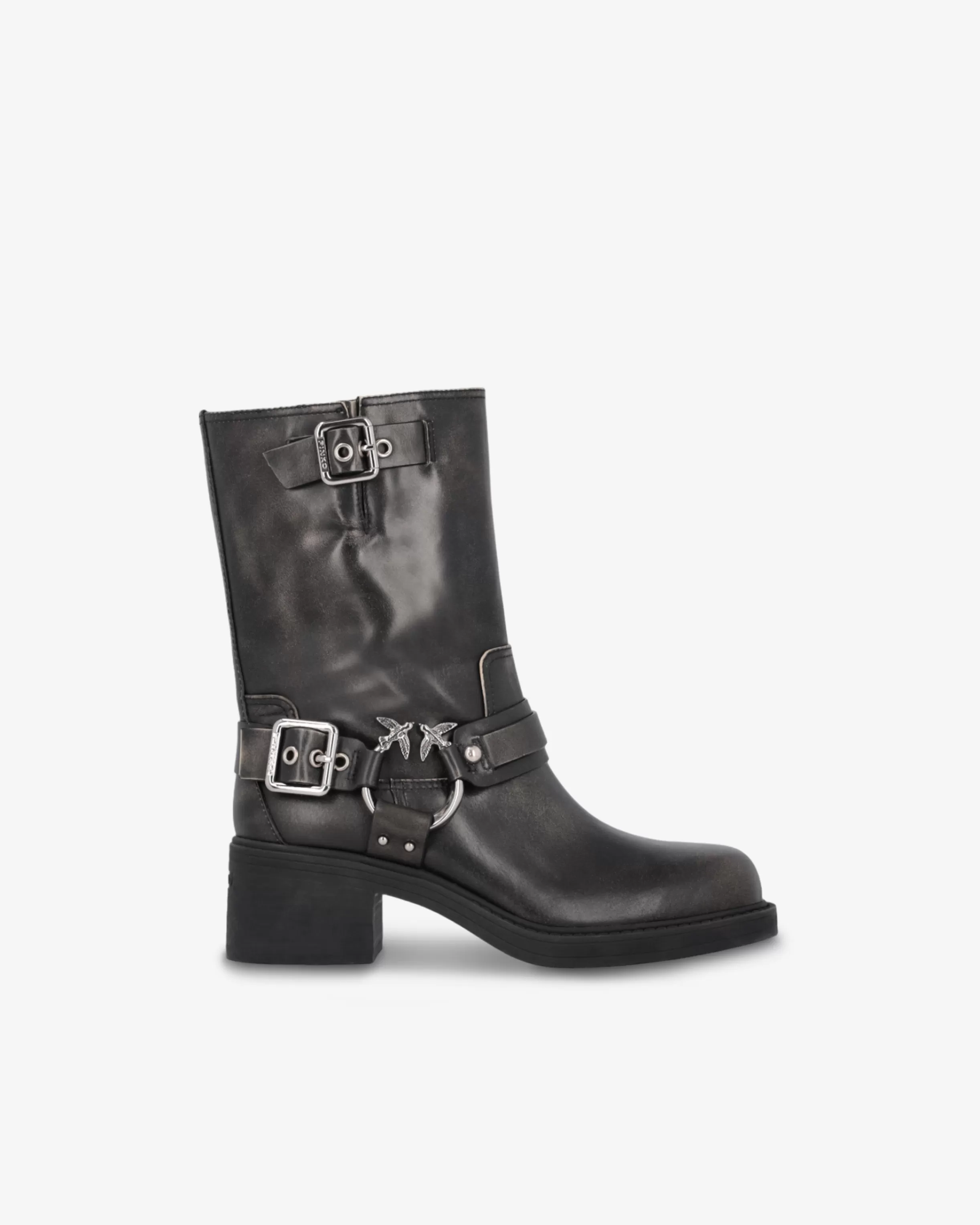 PINKO Calf-high leather biker boots with buckles