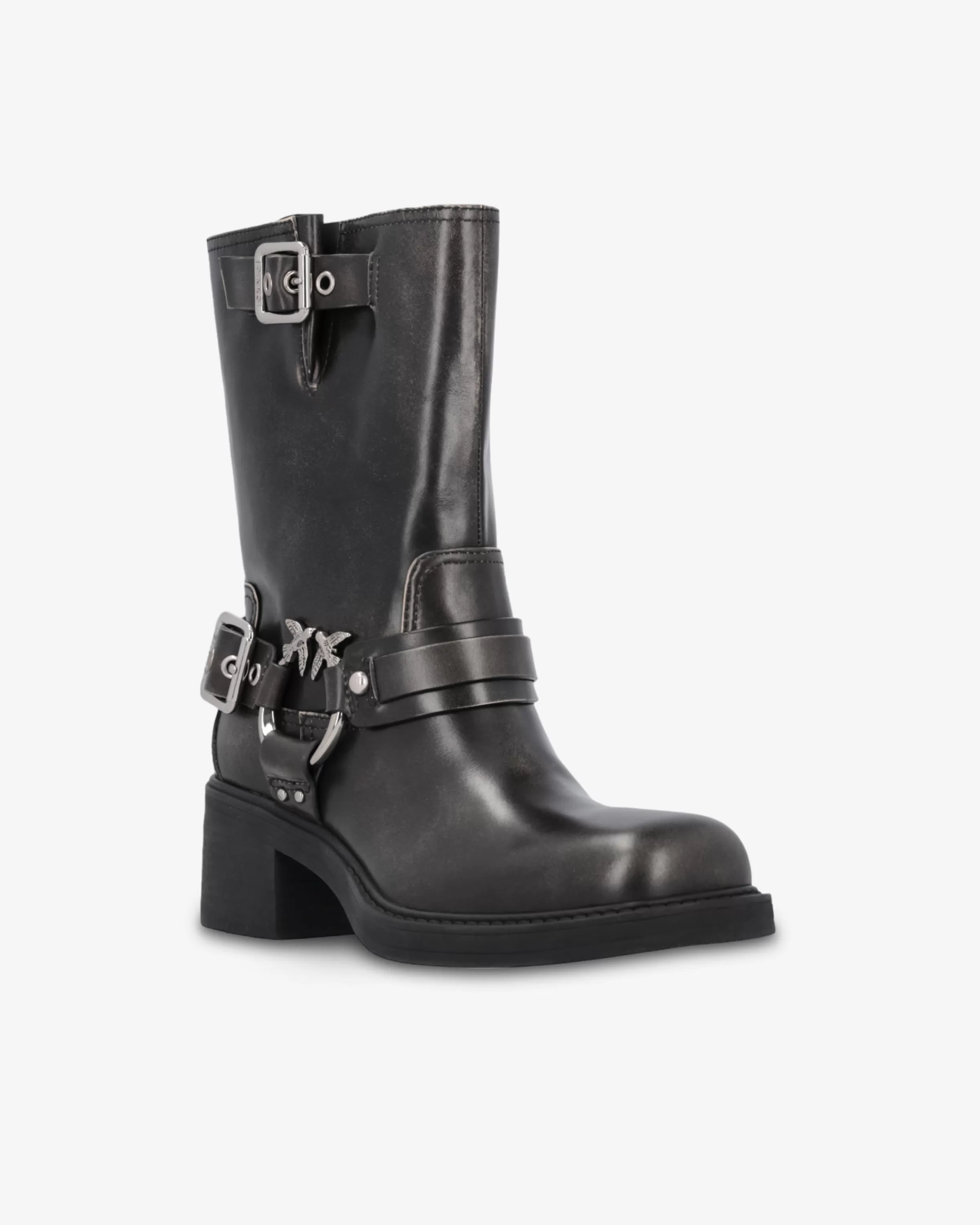 PINKO Calf-high leather biker boots with buckles