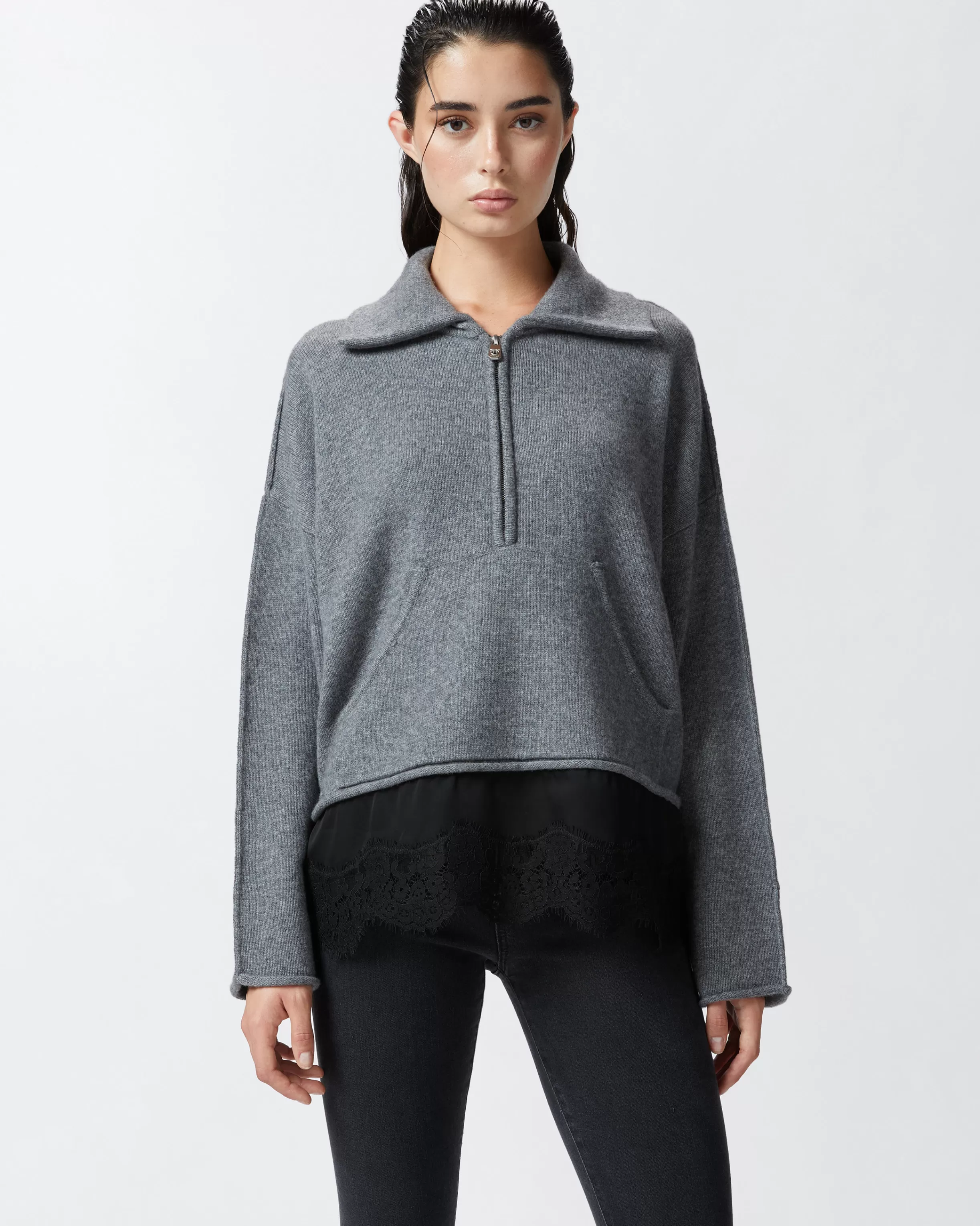 PINKO Cashmere-blend sweater with zip and lace at the hem