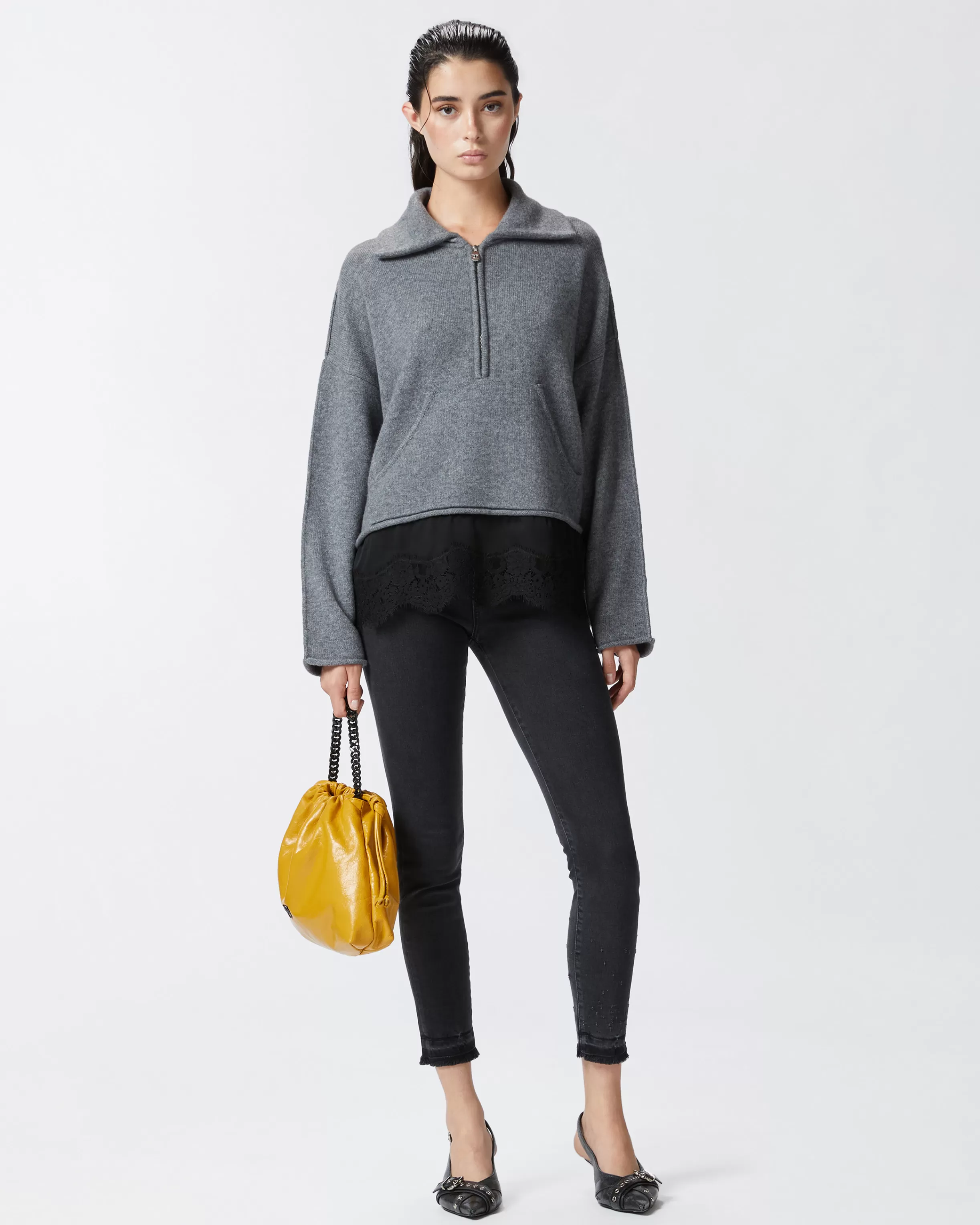 PINKO Cashmere-blend sweater with zip and lace at the hem