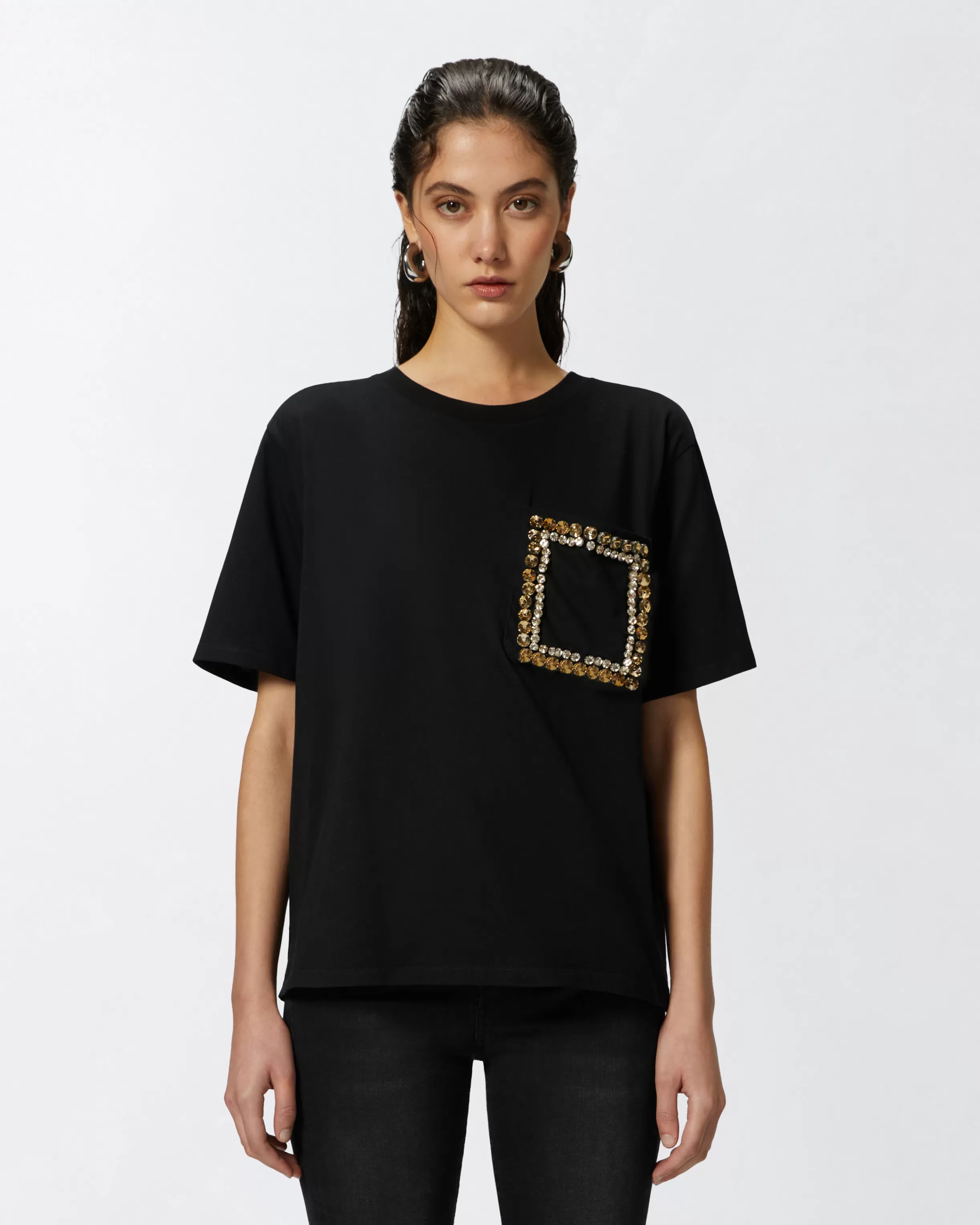 PINKO Cotton T-shirt with pocket embroidered with crystals