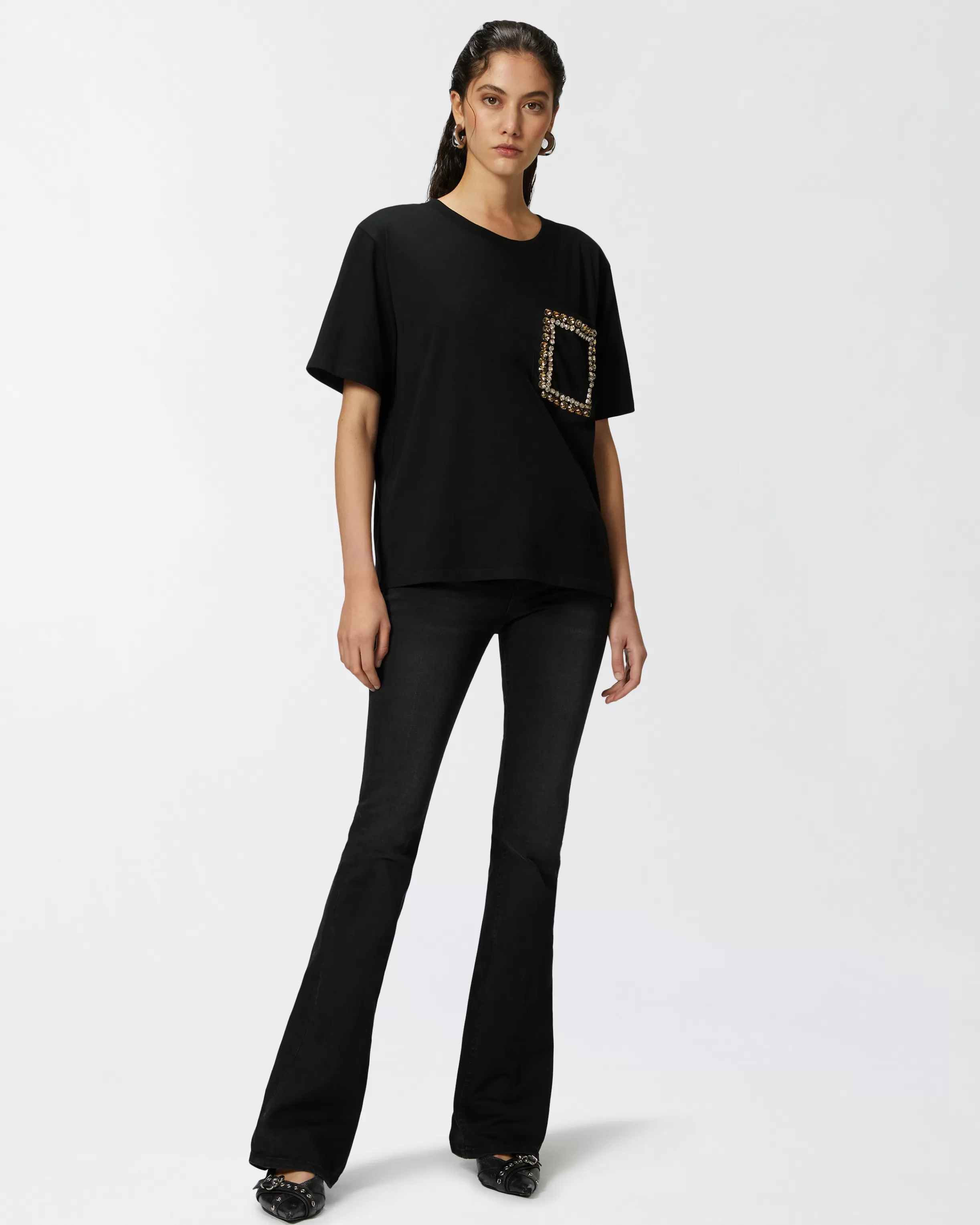 PINKO Cotton T-shirt with pocket embroidered with crystals