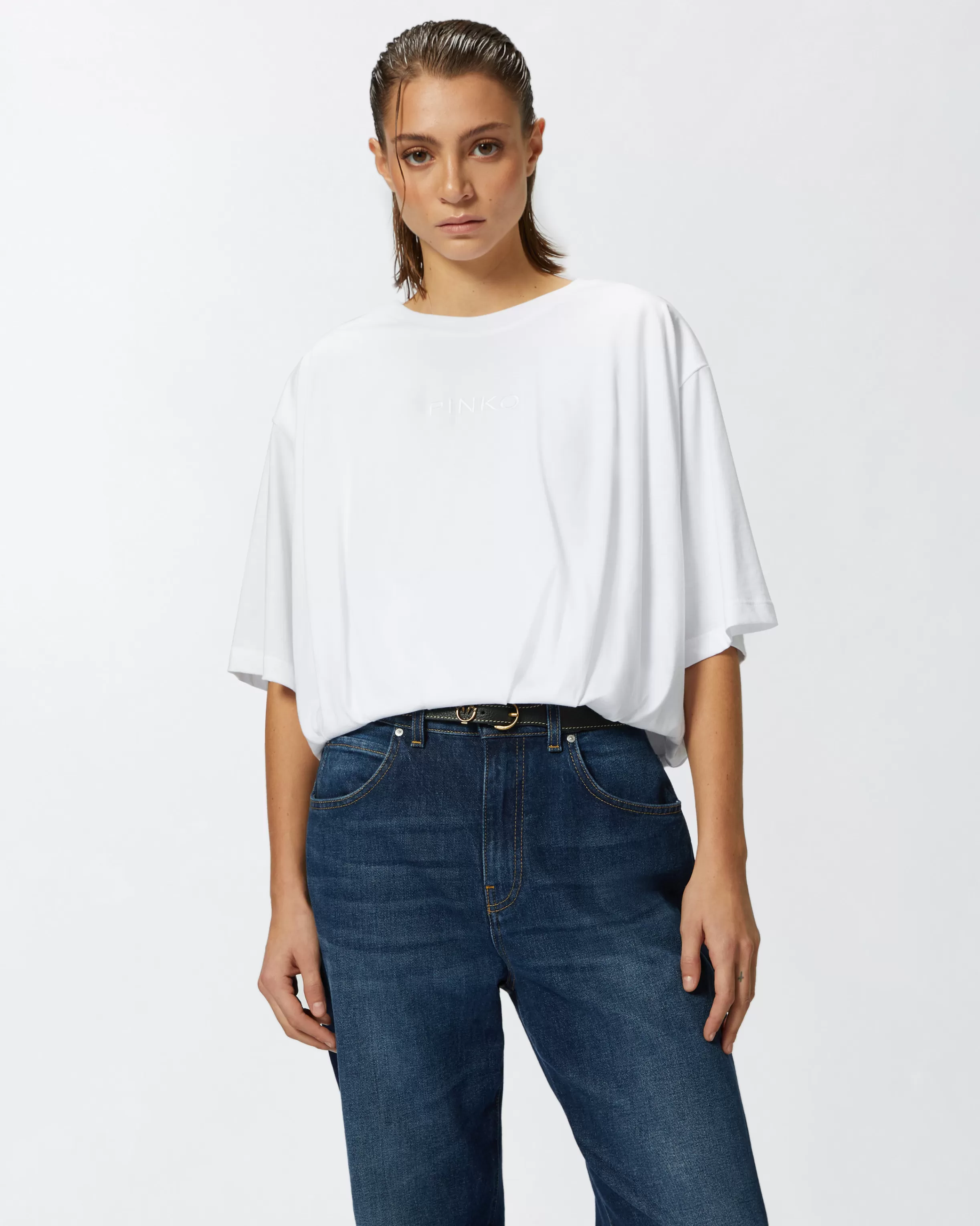 PINKO Cropped jersey T-shirt with embroidered logo