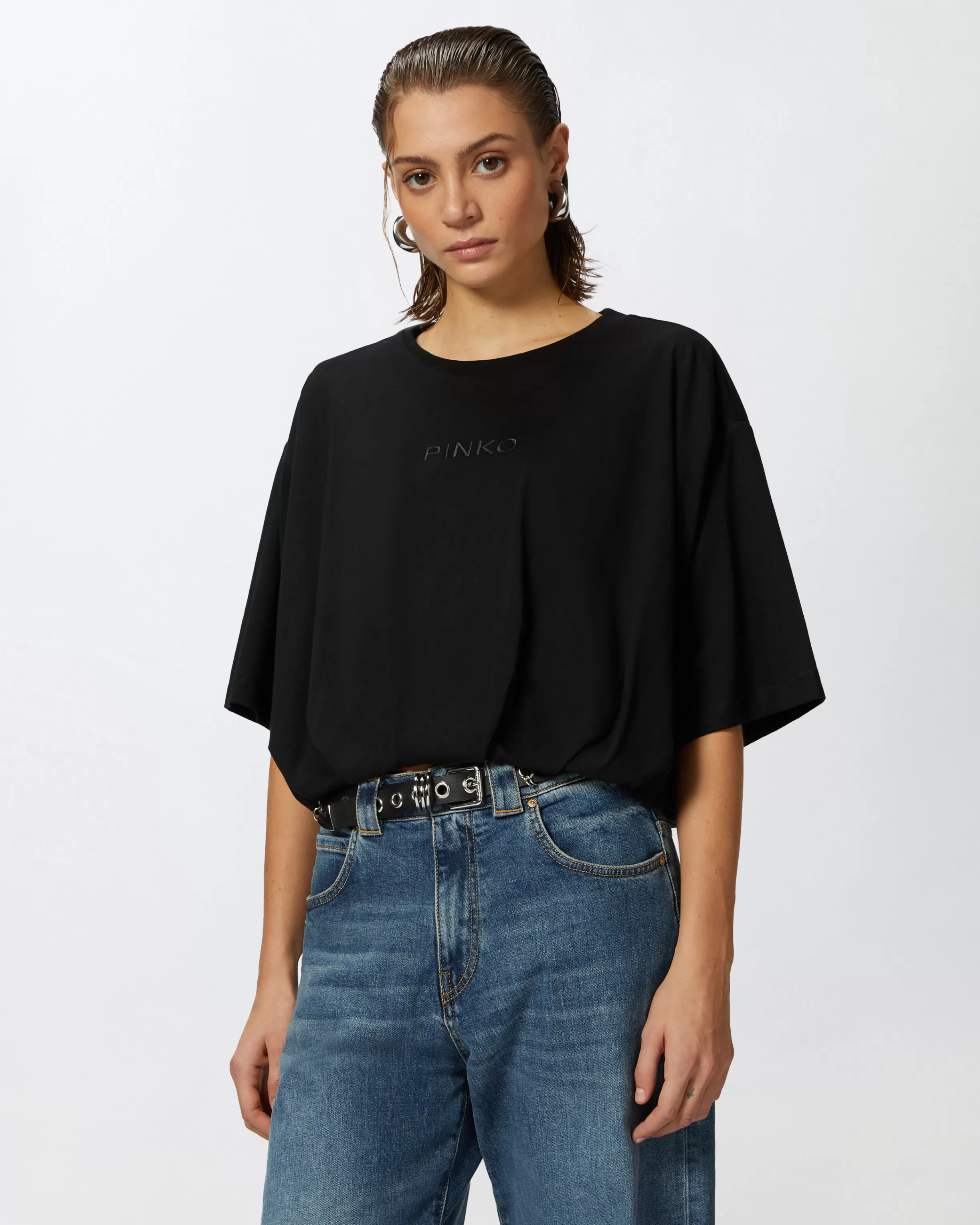 PINKO Cropped jersey T-shirt with embroidered logo