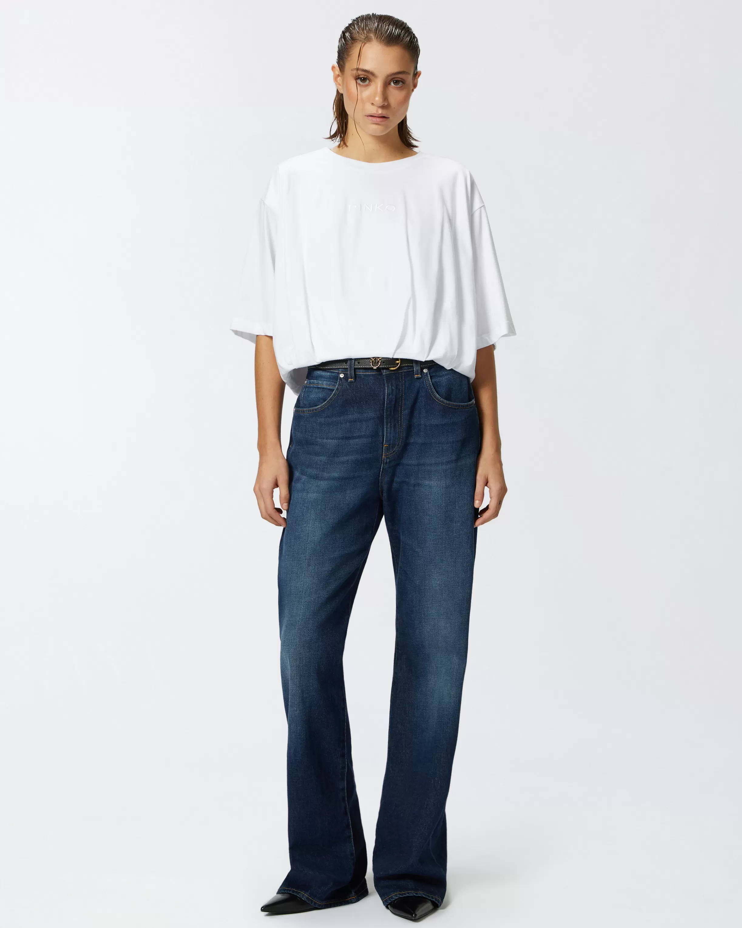 PINKO Cropped jersey T-shirt with embroidered logo