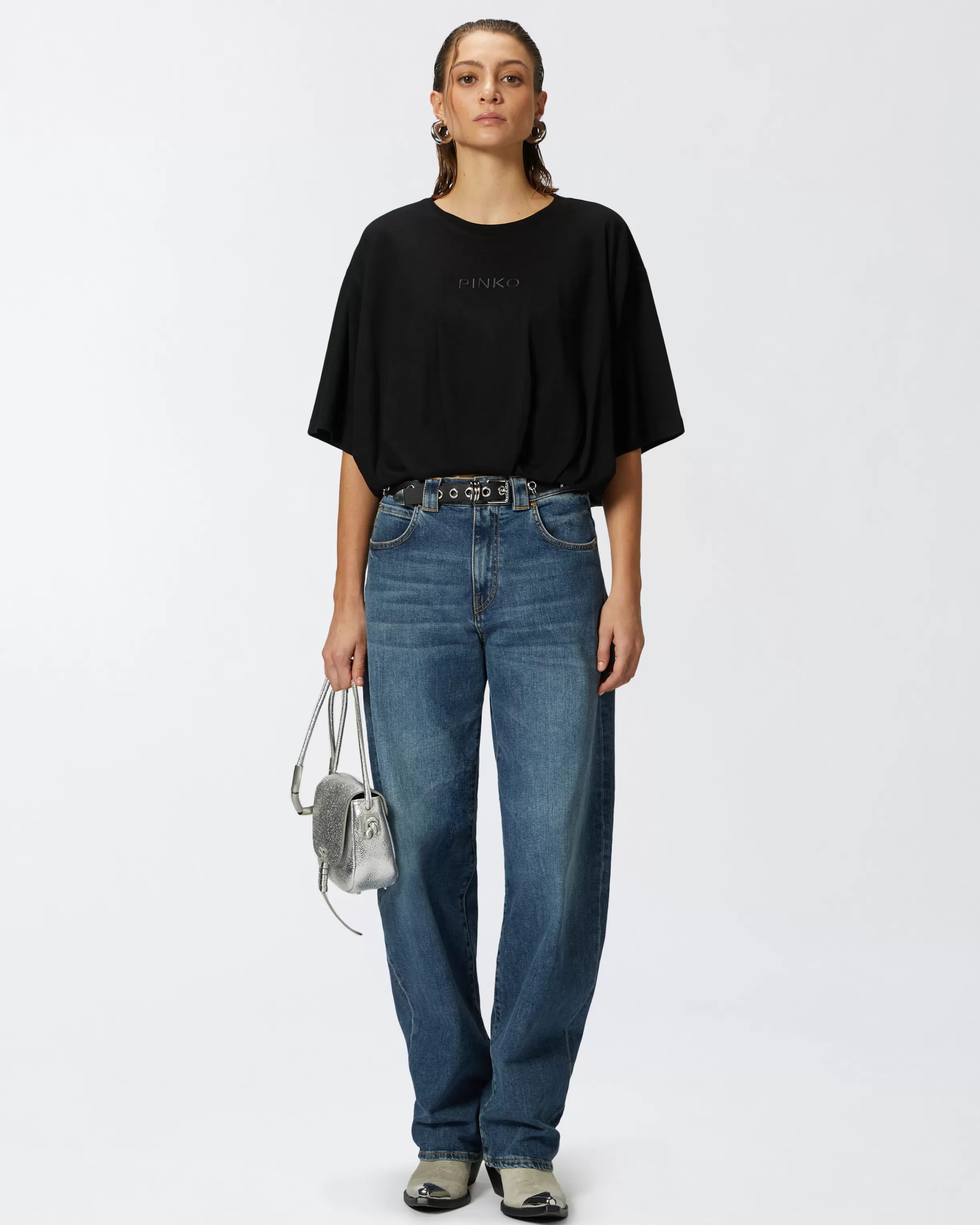 PINKO Cropped jersey T-shirt with embroidered logo