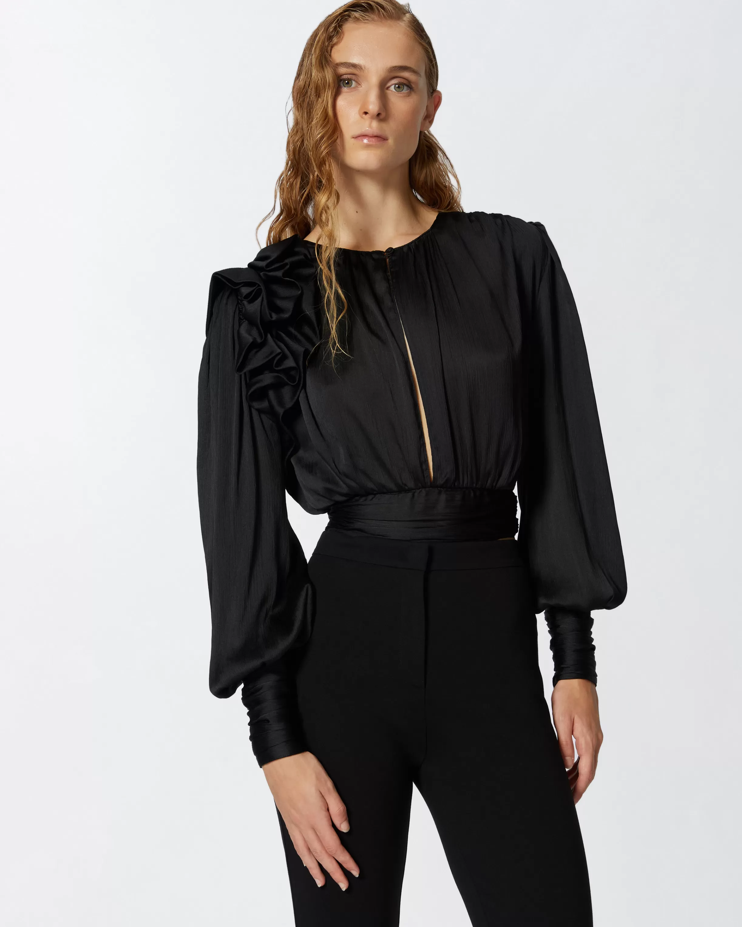 PINKO Cropped satin blouse with appliqués