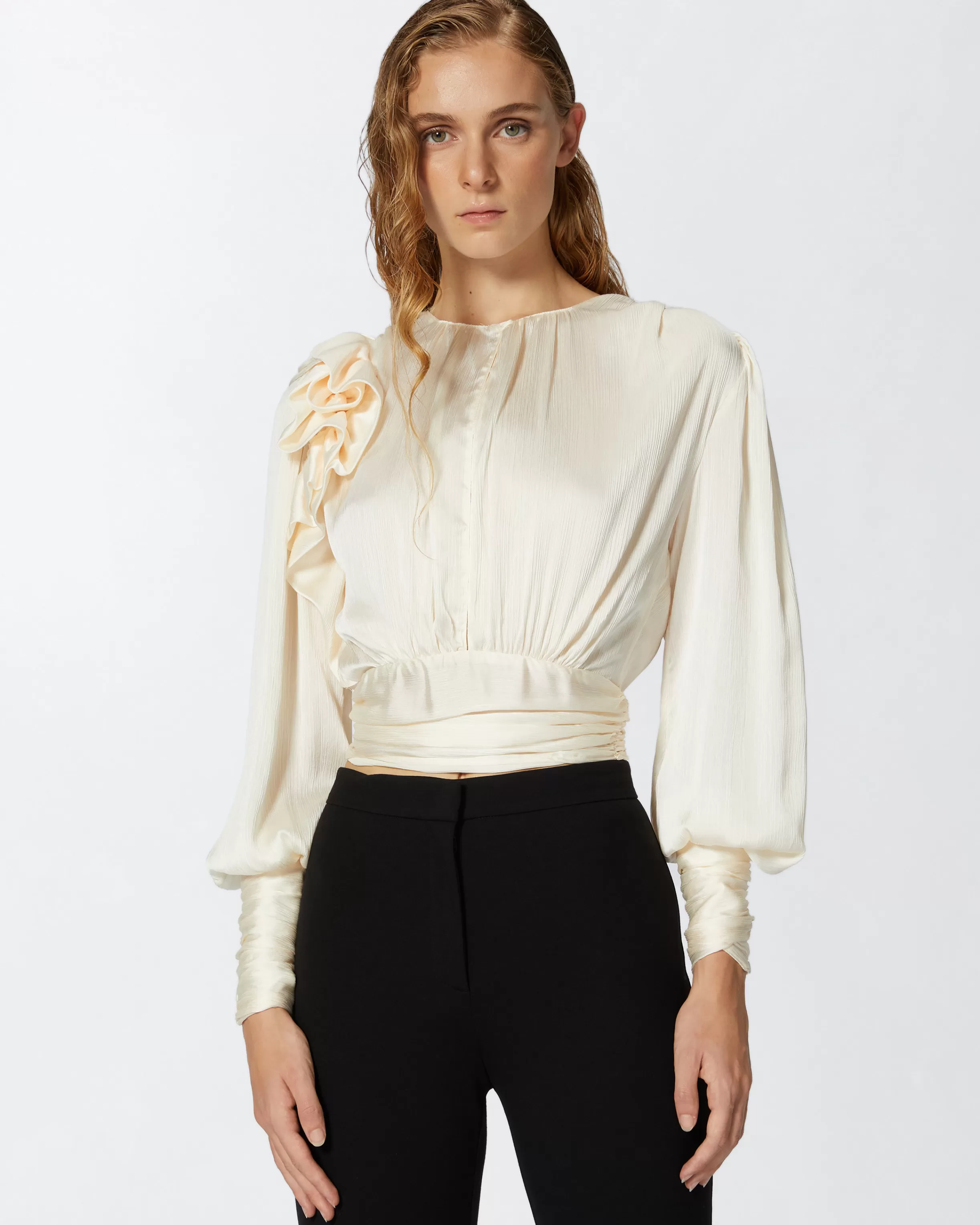 PINKO Cropped satin blouse with appliqués