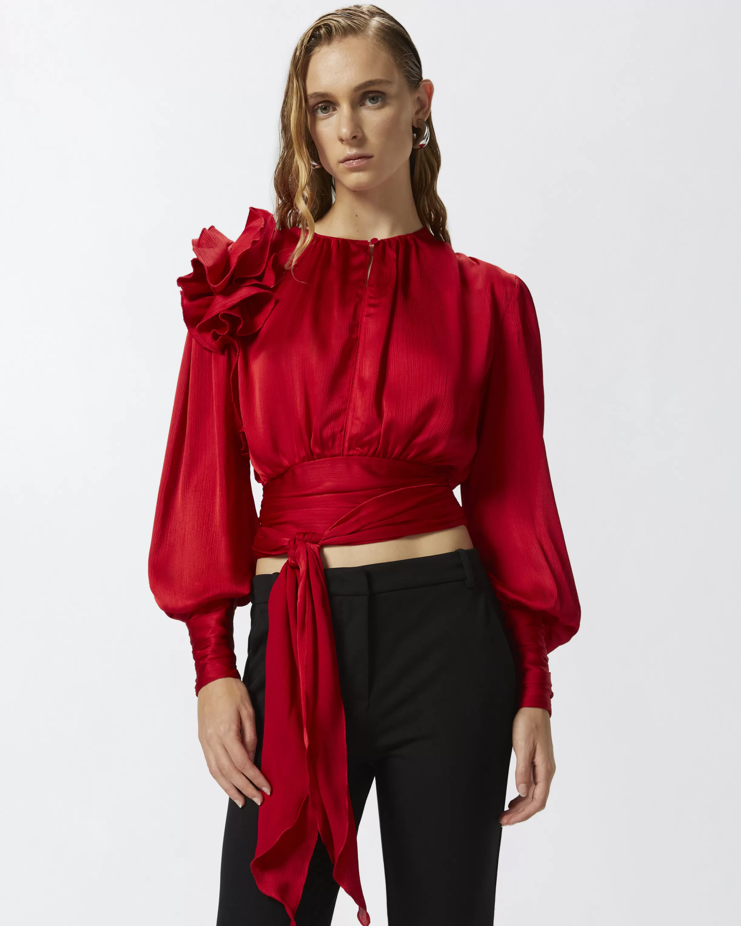 PINKO Cropped satin blouse with appliqués