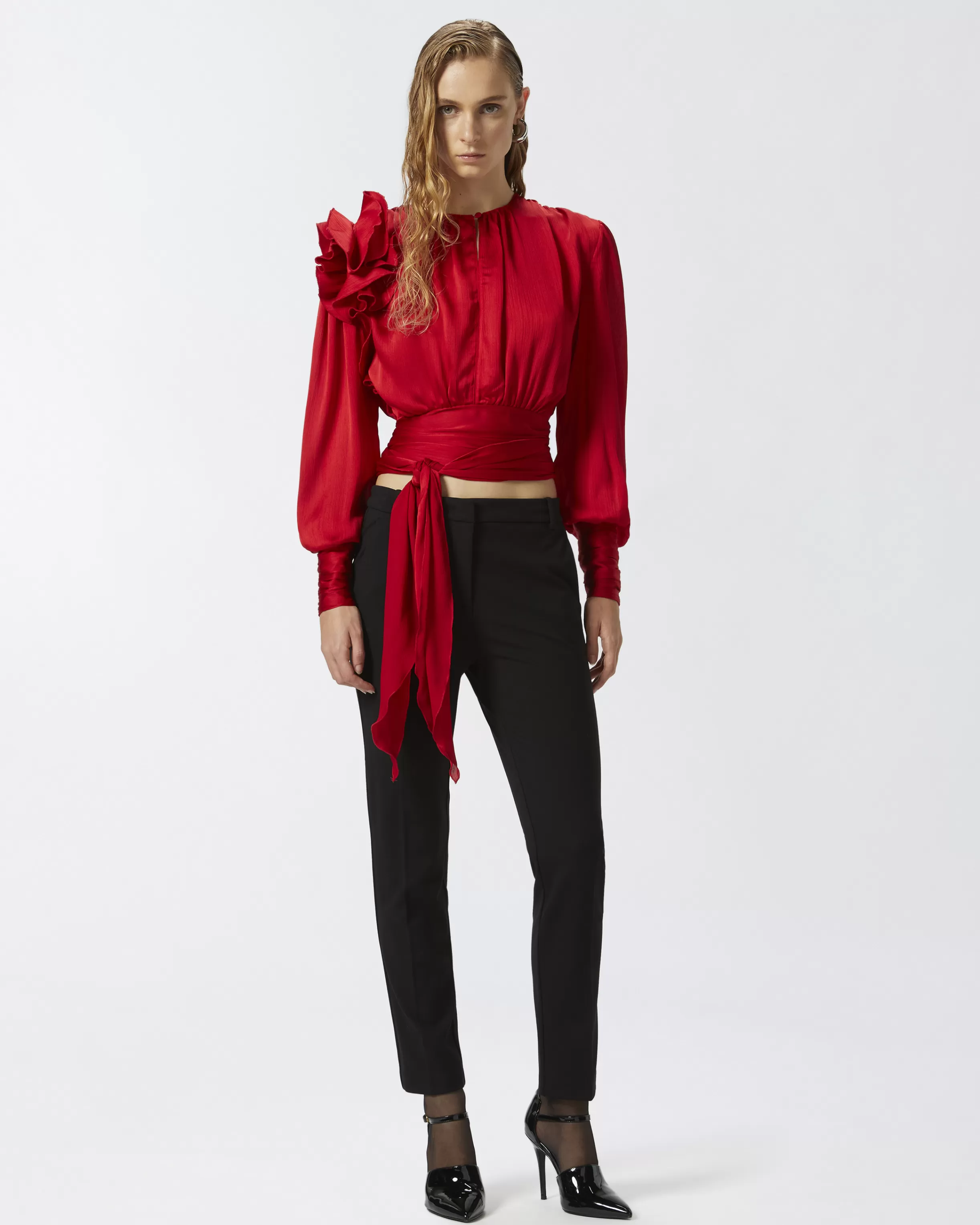 PINKO Cropped satin blouse with appliqués