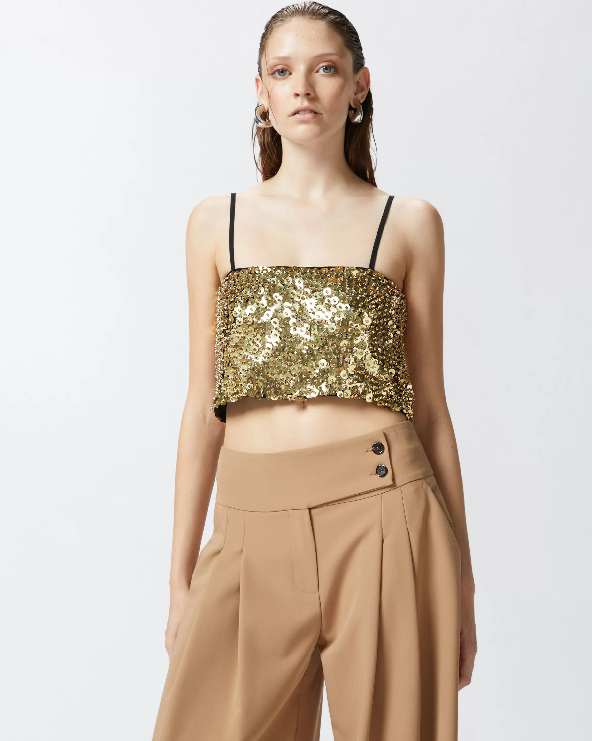 PINKO Cropped vest top with golden sequins