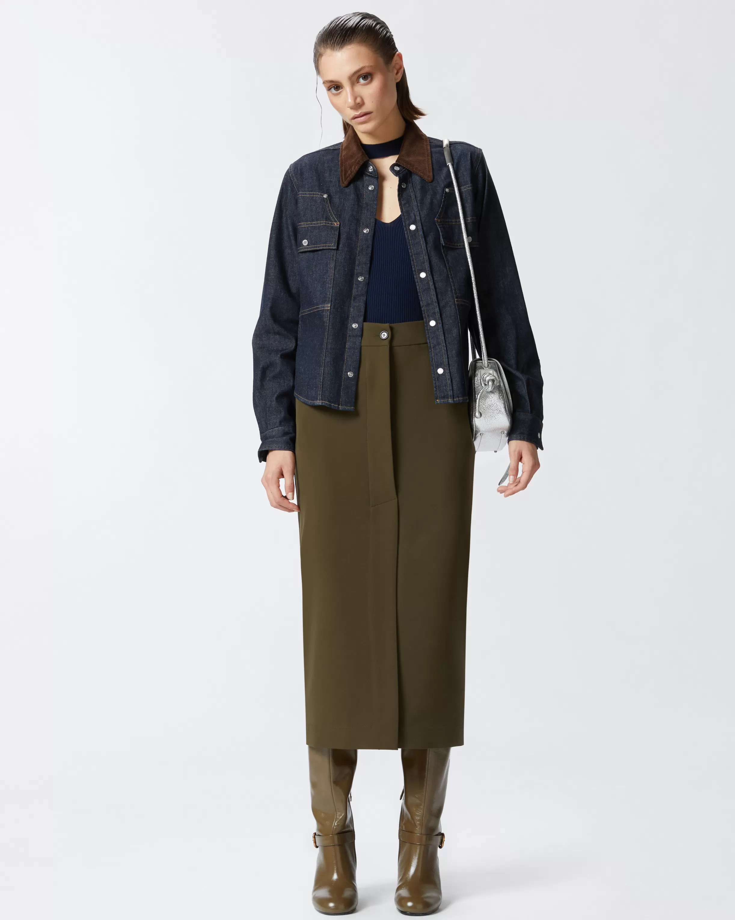 PINKO Dark blue denim shirt with needlecord collar