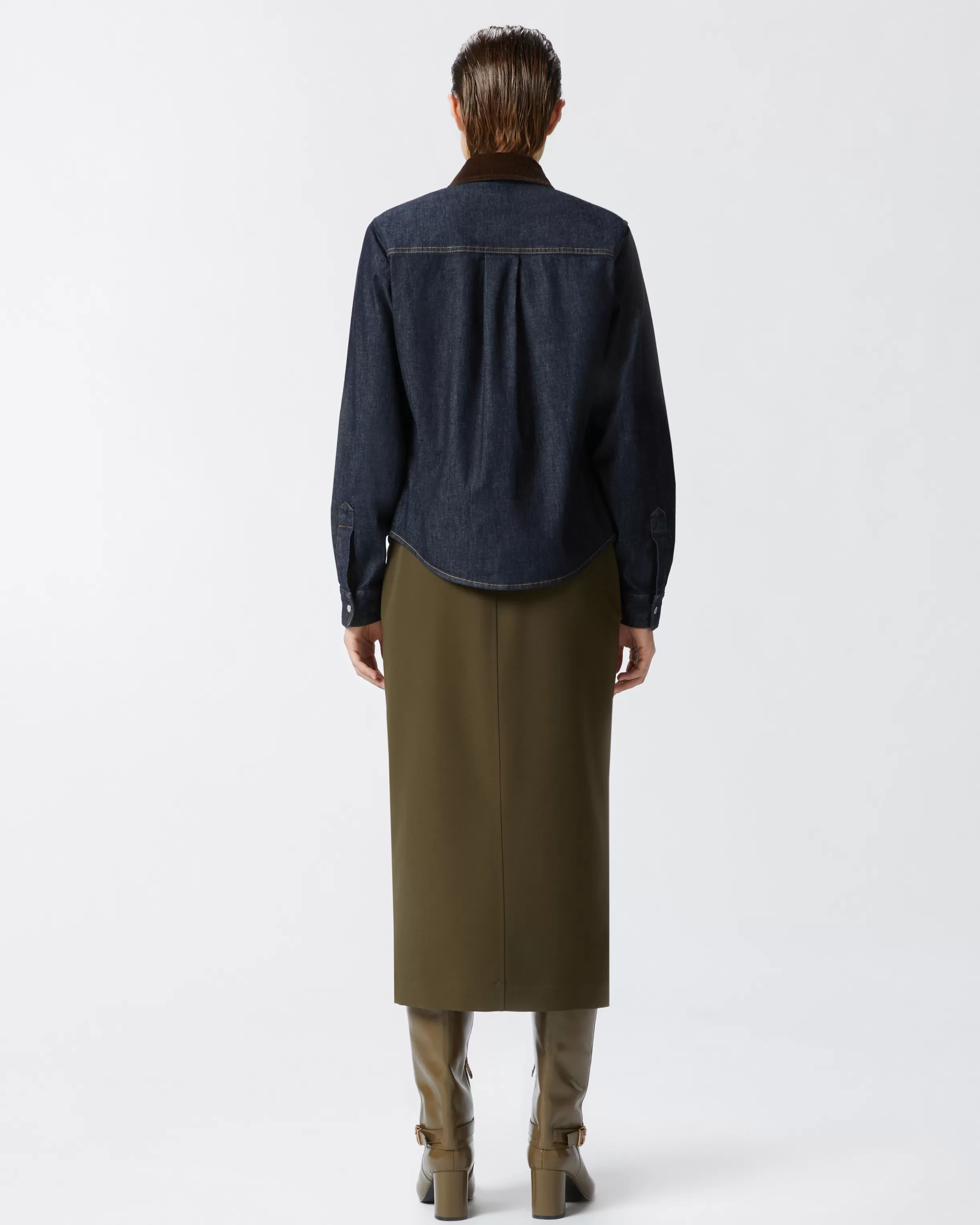 PINKO Dark blue denim shirt with needlecord collar
