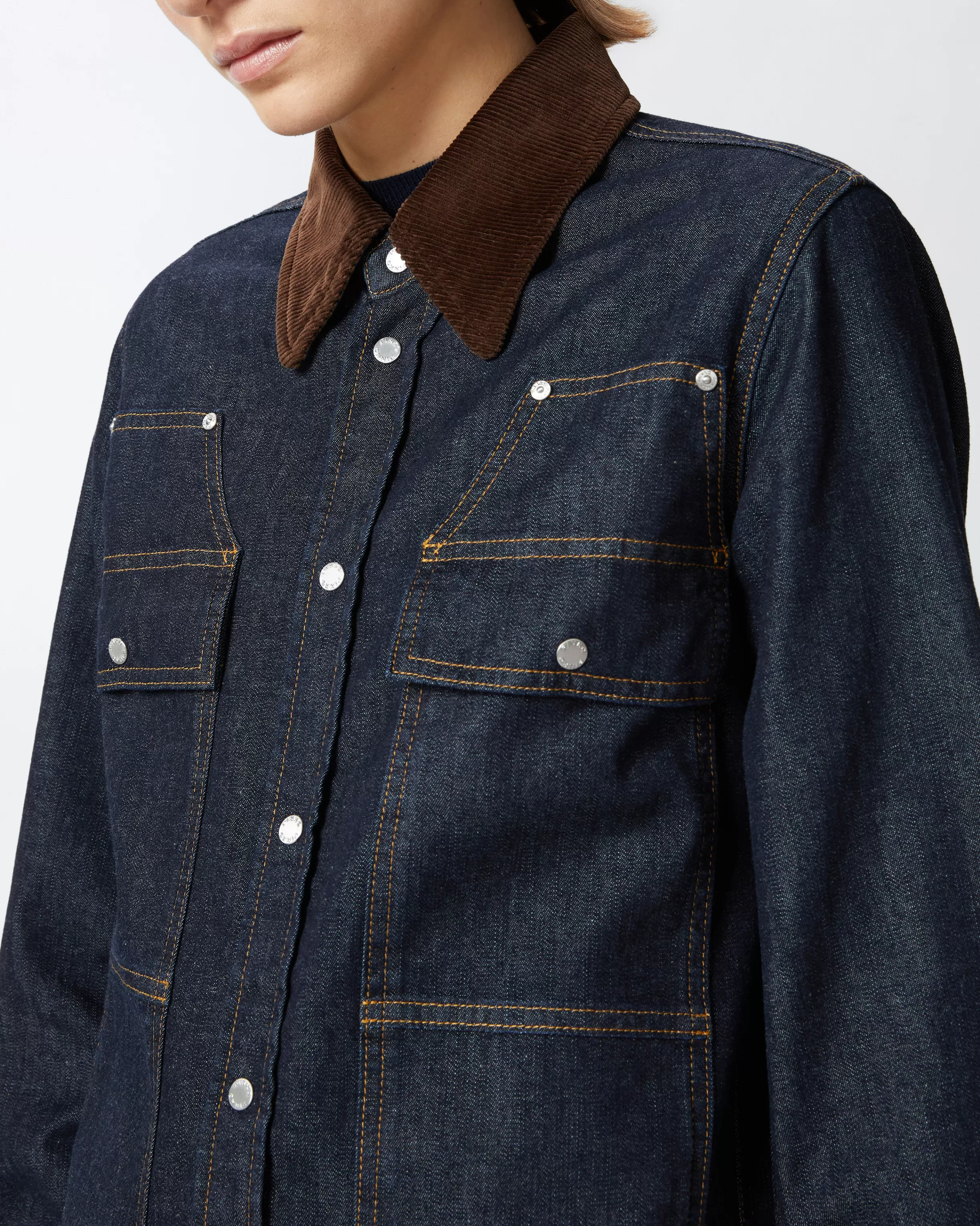 PINKO Dark blue denim shirt with needlecord collar