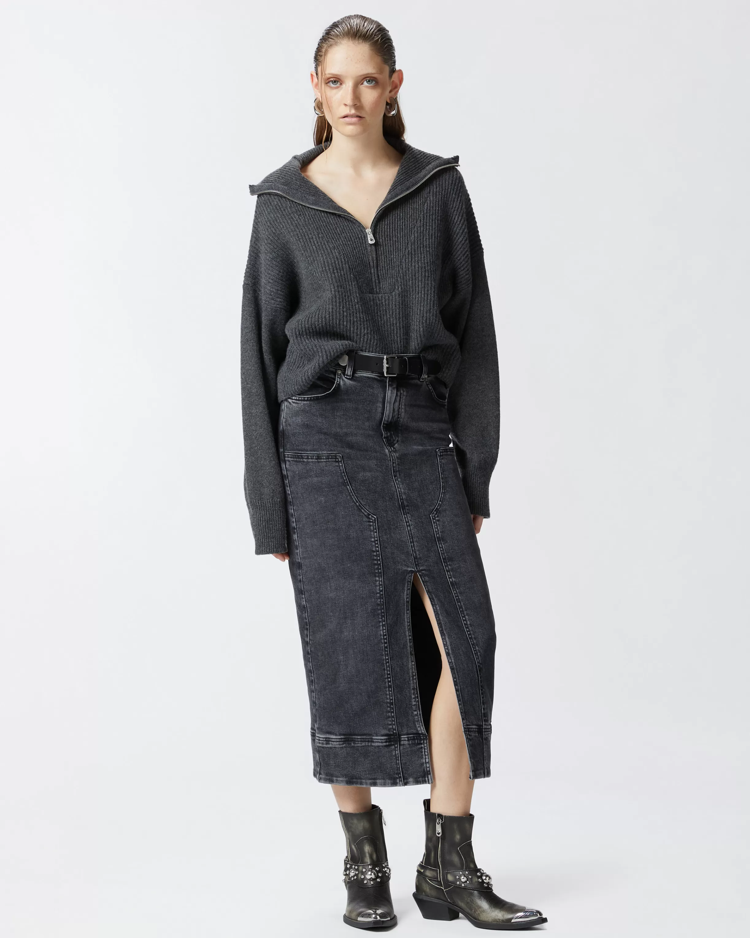 PINKO Dark grey denim maxi skirt