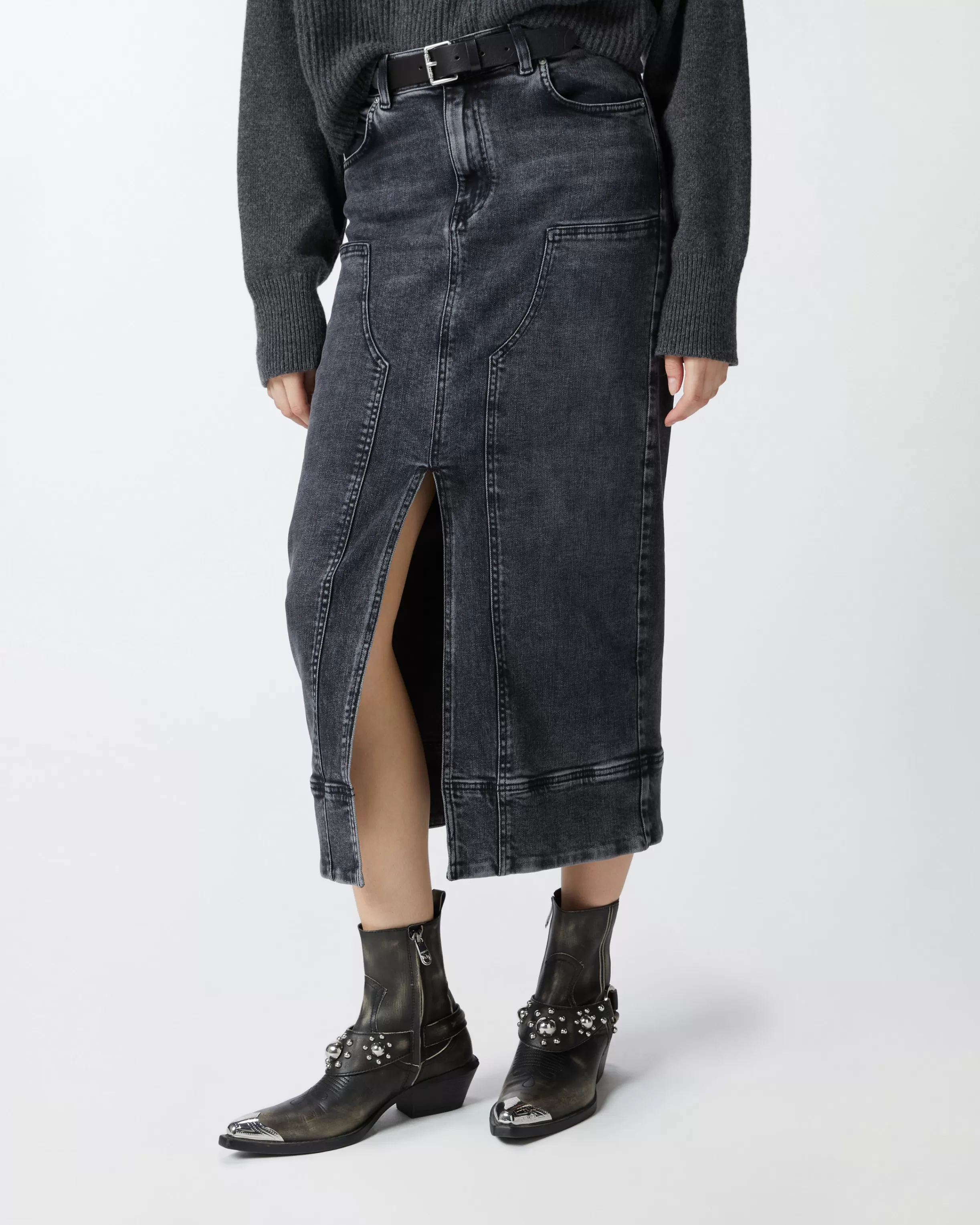 PINKO Dark grey denim maxi skirt