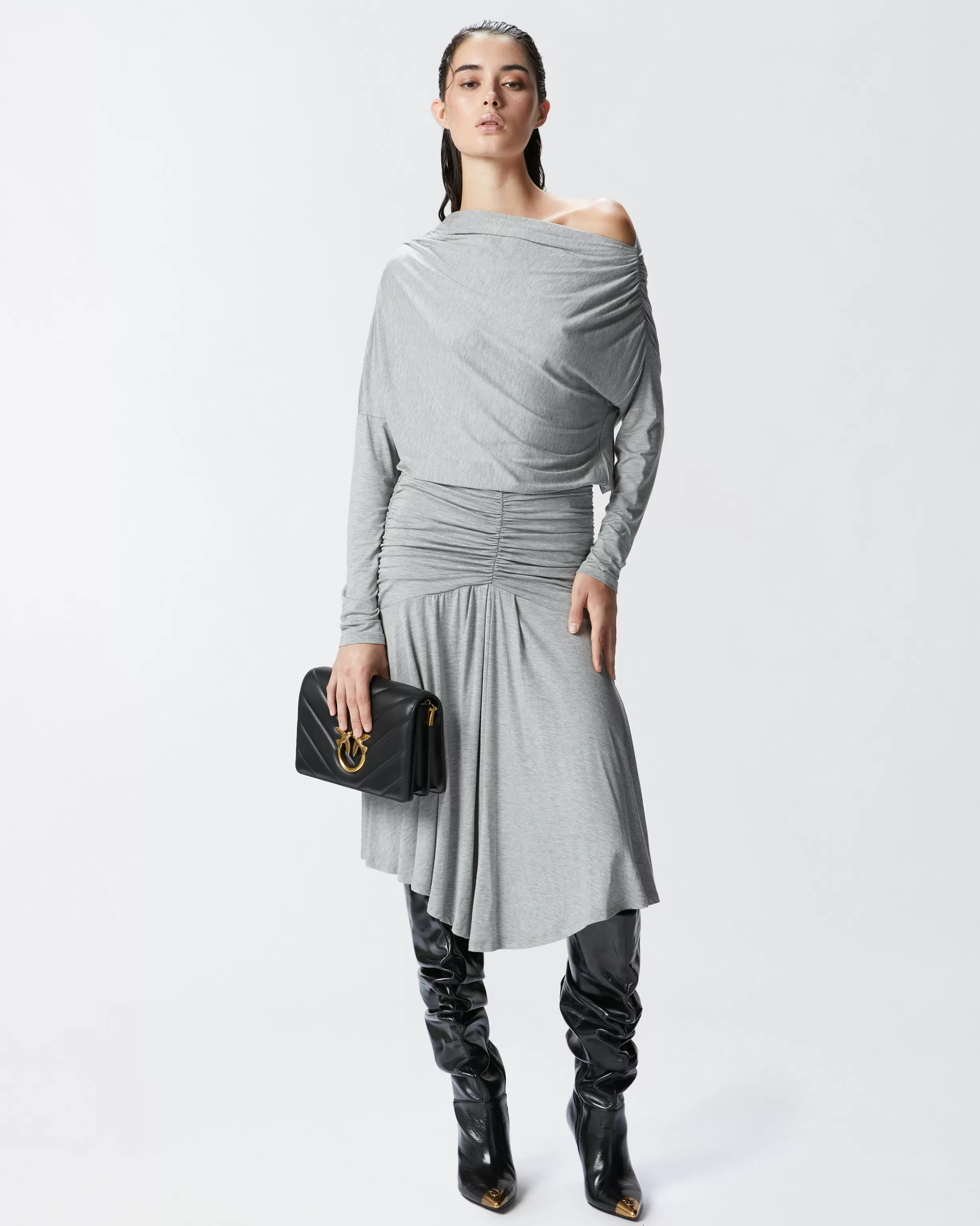 PINKO Draped jersey midi dress with exposed shoulder