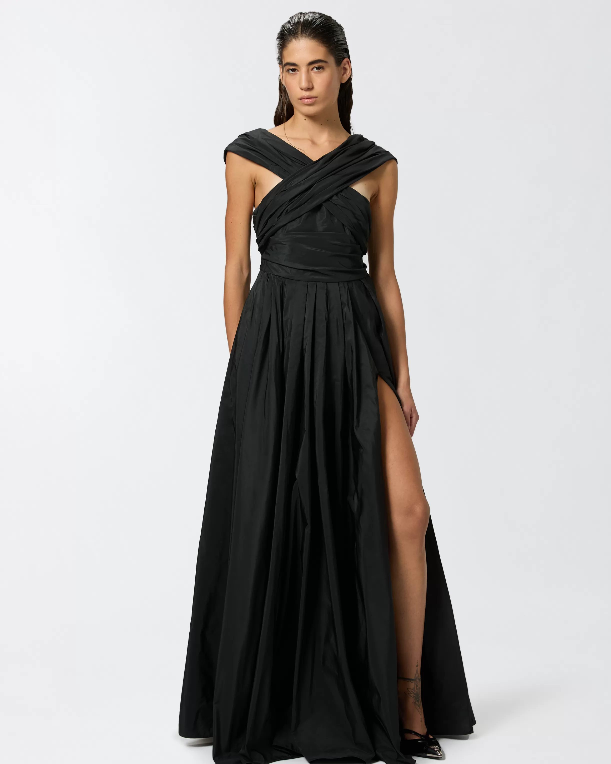 PINKO Elegant long taffeta dress with open shoulders