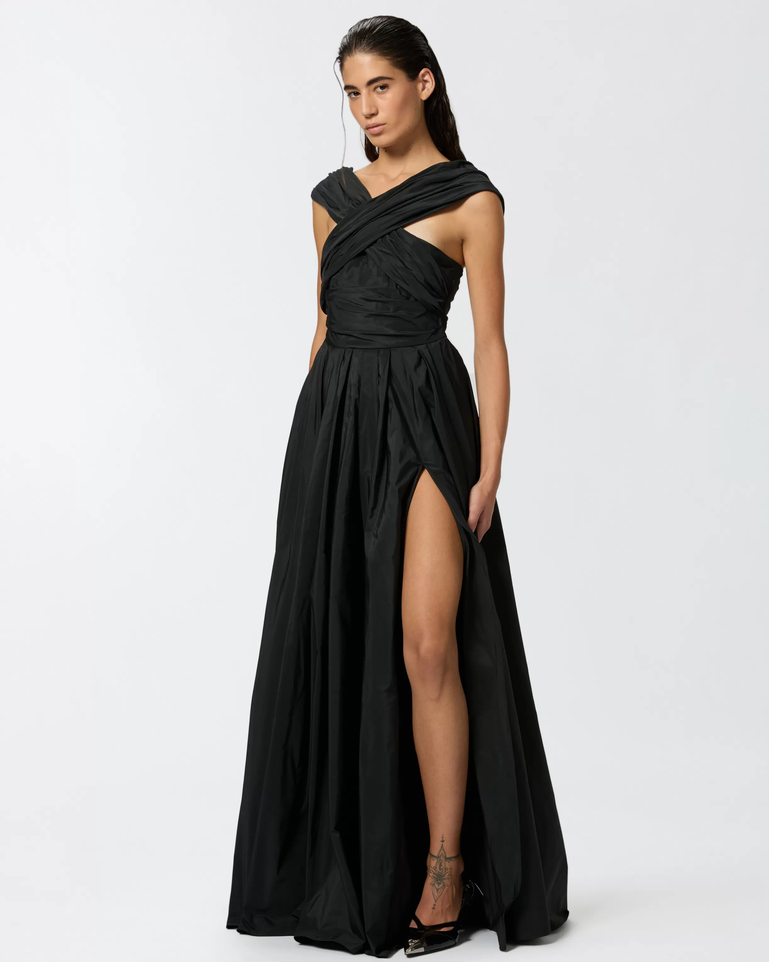 PINKO Elegant long taffeta dress with open shoulders