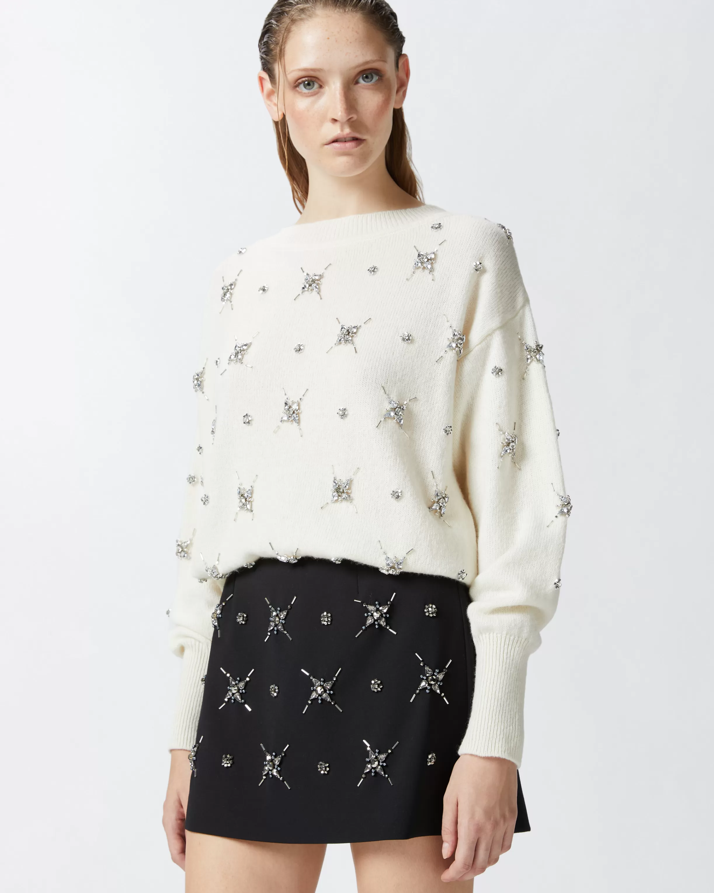 PINKO Elegant sweater with rhinestone jewel embroidery