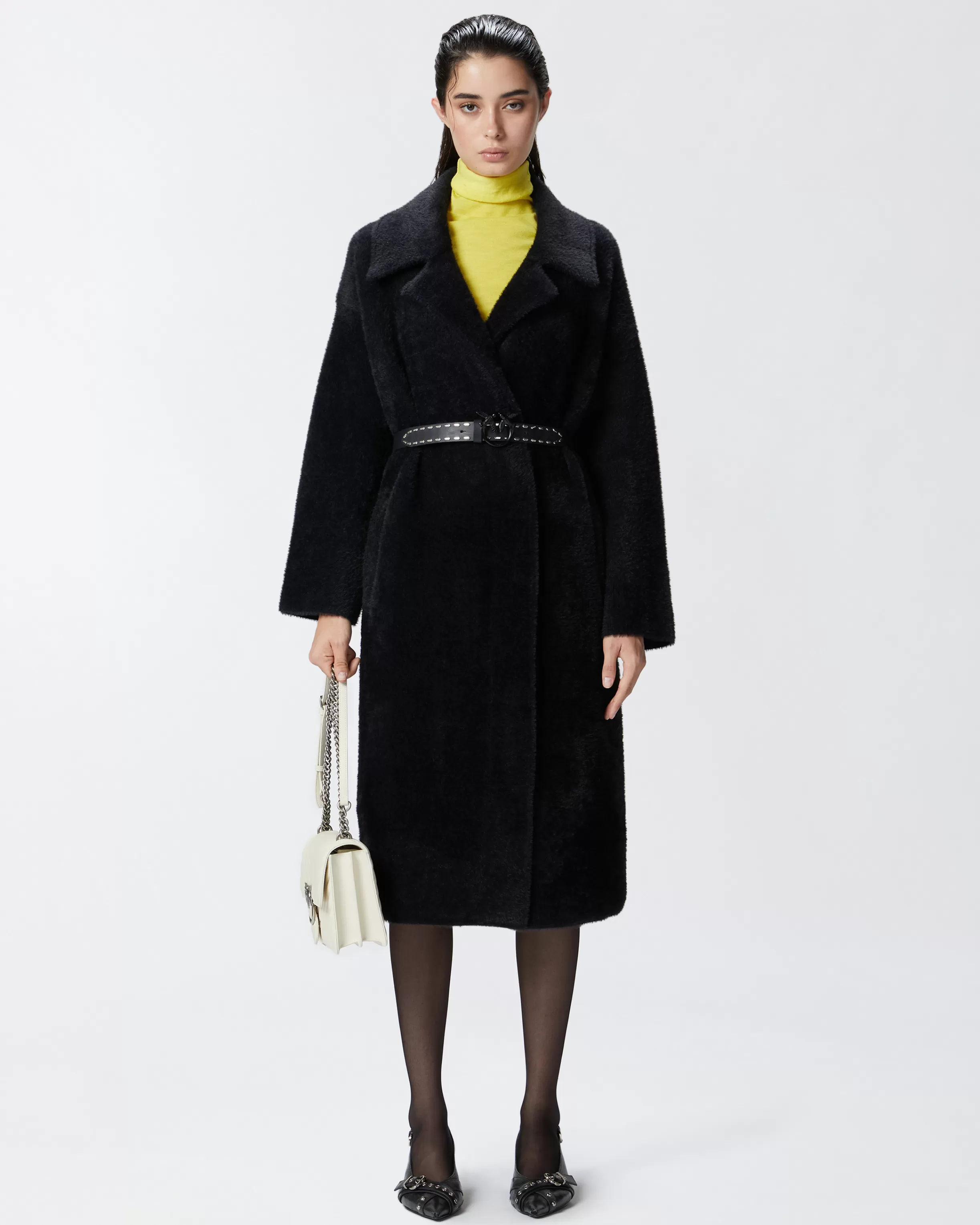 PINKO Faux fur wraparound coat with belt