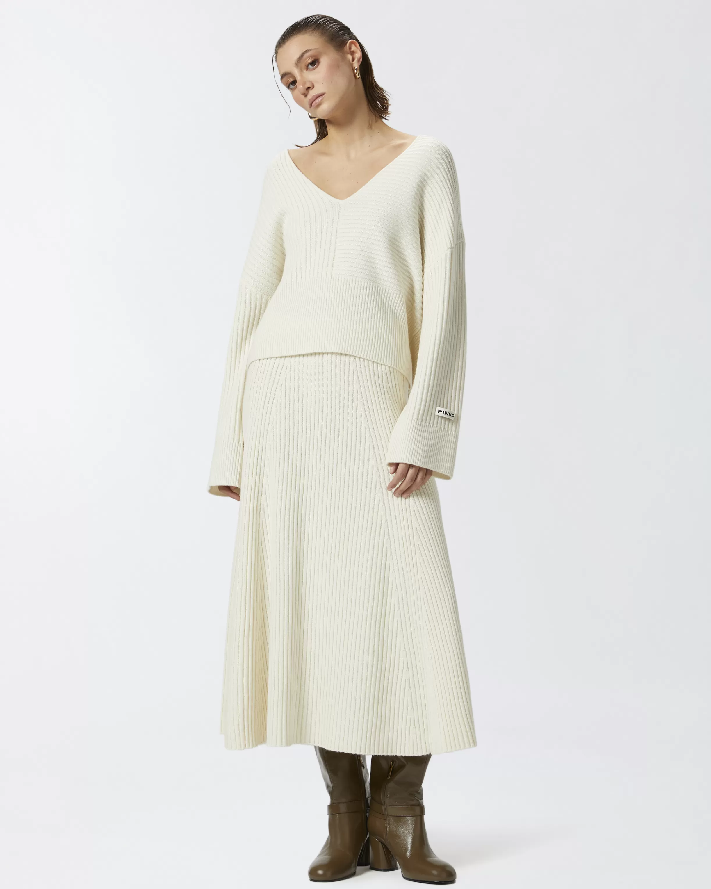 PINKO Flared cashmere-blend ribbed knit skirt