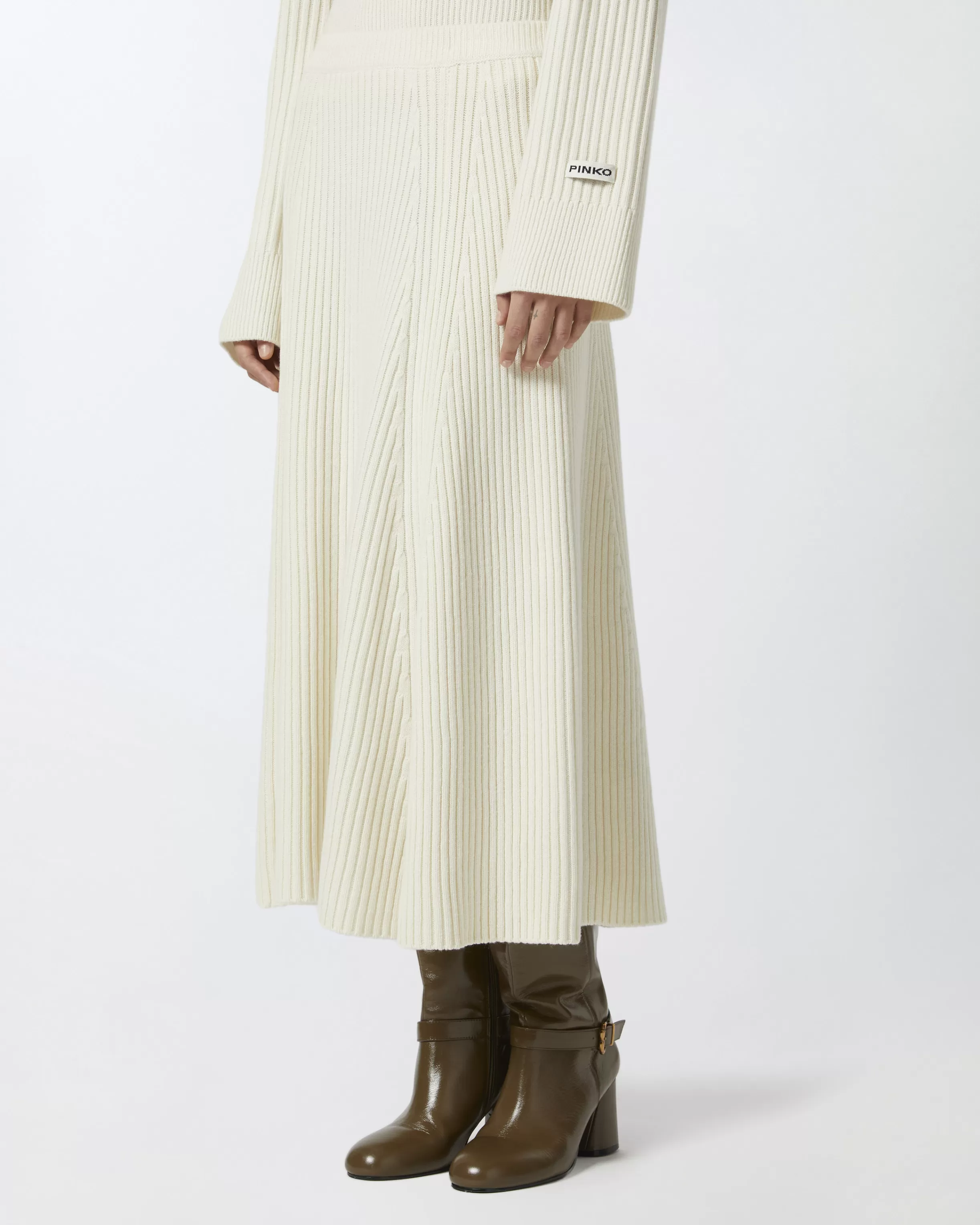 PINKO Flared cashmere-blend ribbed knit skirt