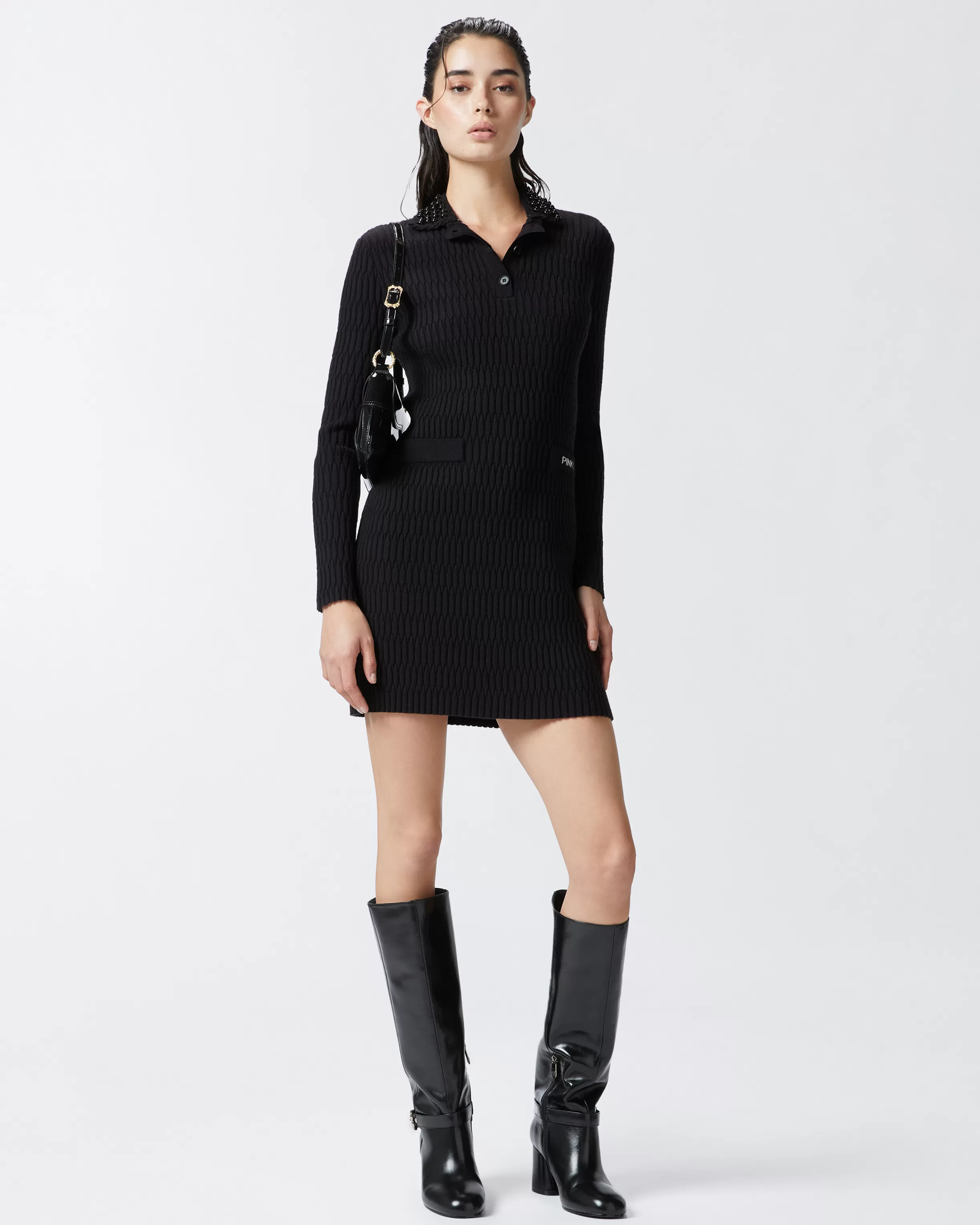 PINKO Geometric knit mini dress with bejewelled collar