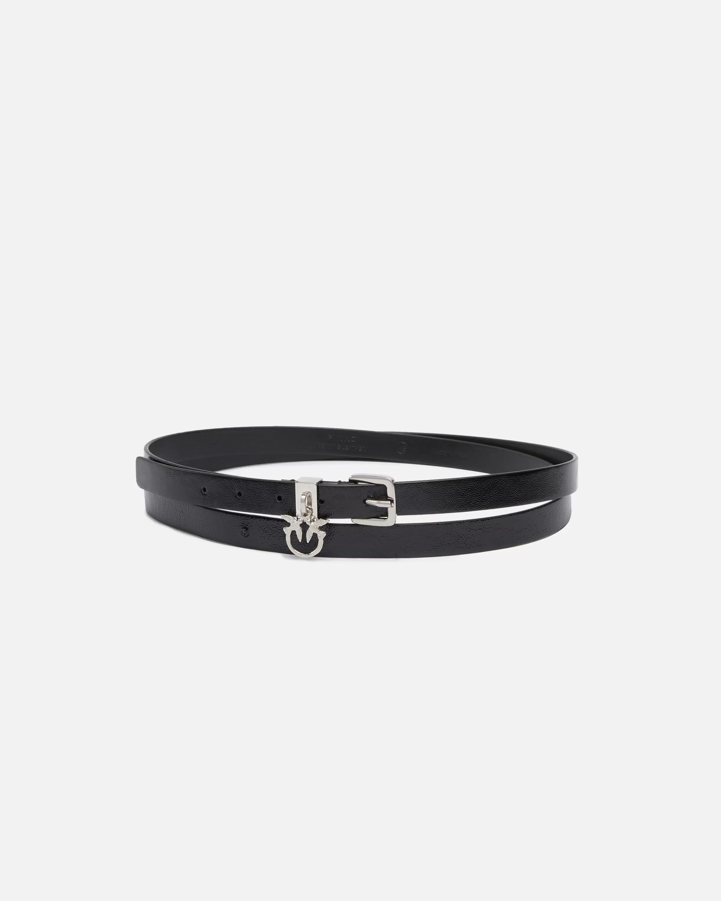 PINKO Glossy leather double-wrap belt with Love Birds charm, 1.5 cm