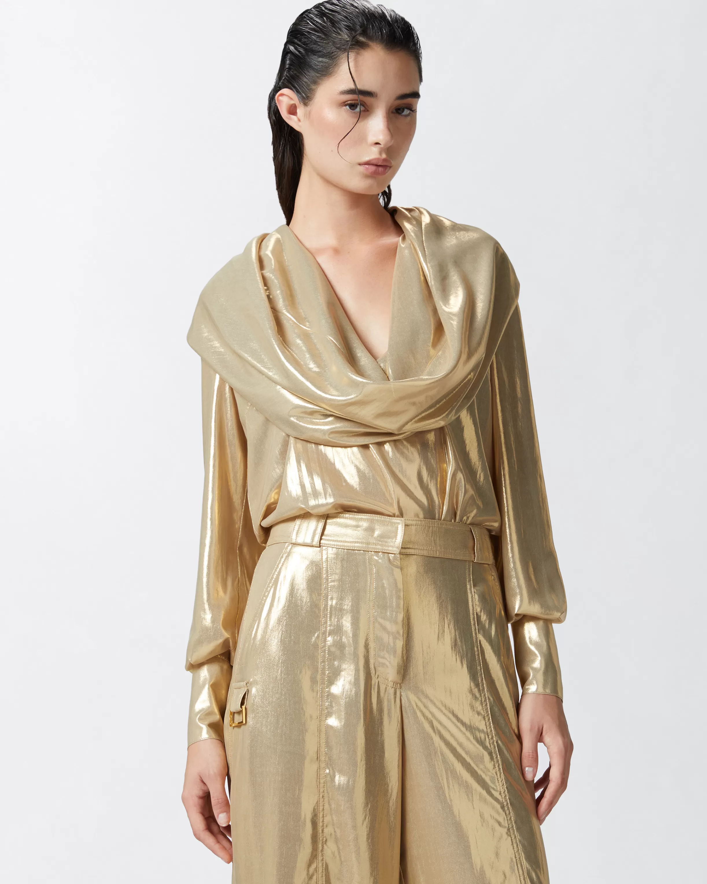 PINKO Golden metallic blouse with wide collar