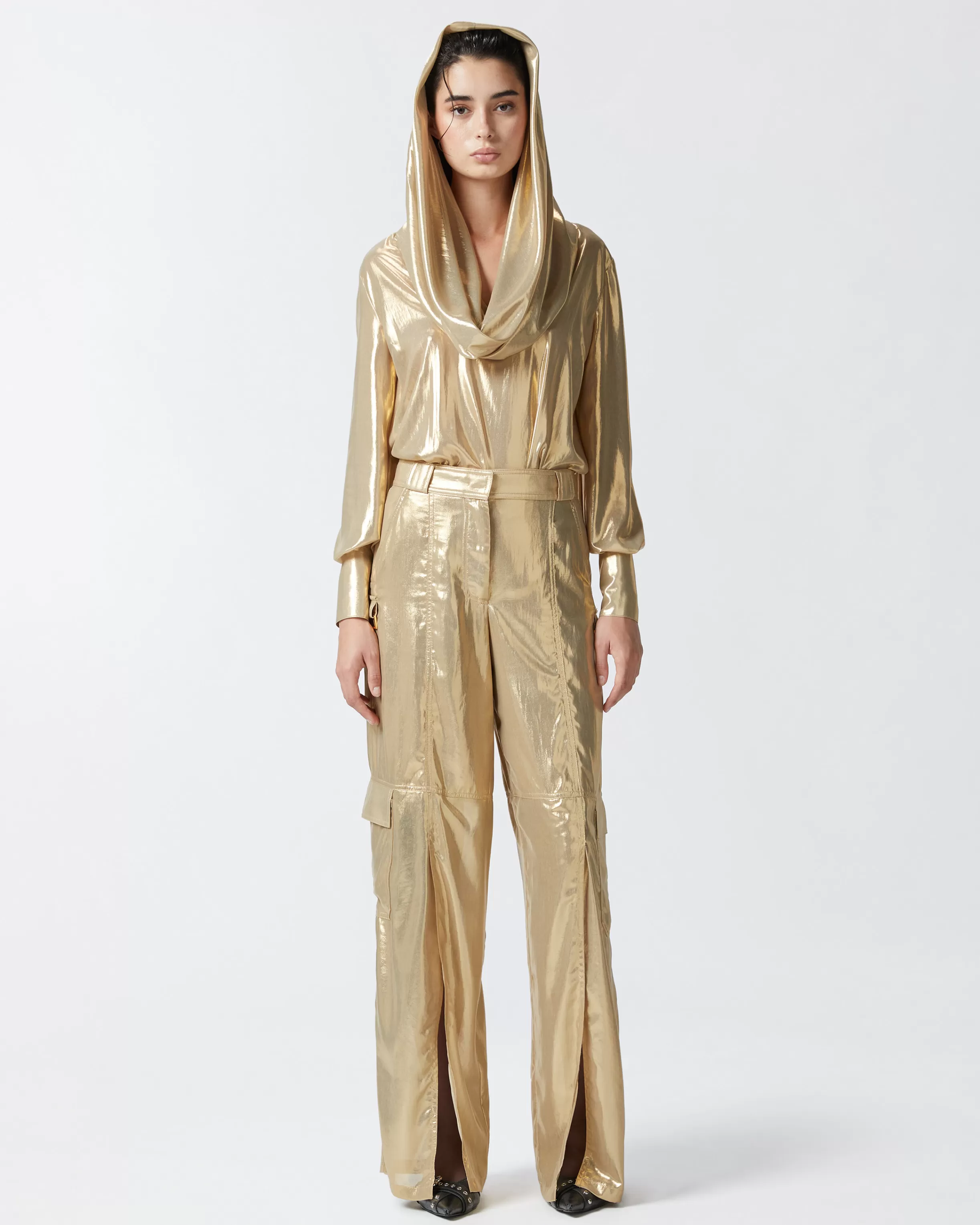 PINKO Golden metallic blouse with wide collar