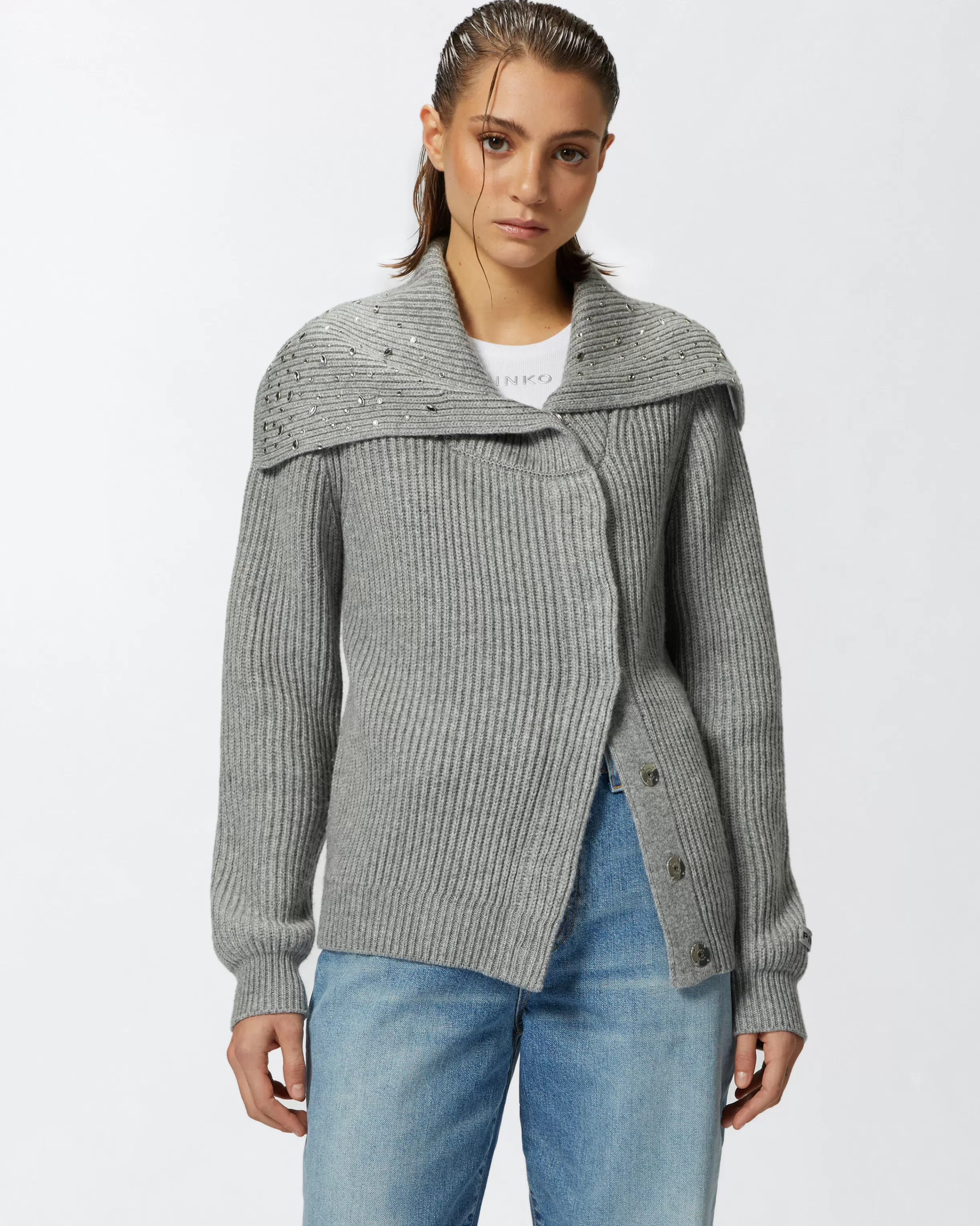 PINKO High-neck cashmere-blend cardigan with crystals