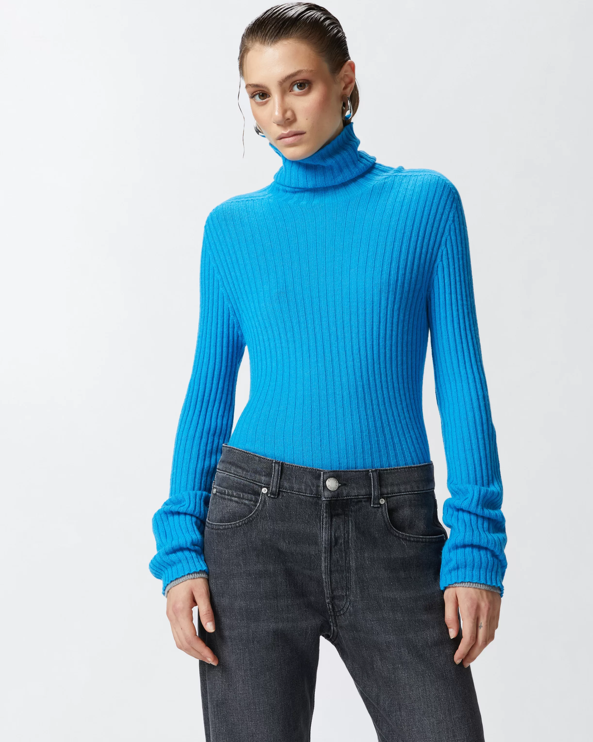 PINKO High-neck ribbed cashmere-blend sweater with lurex cuffs