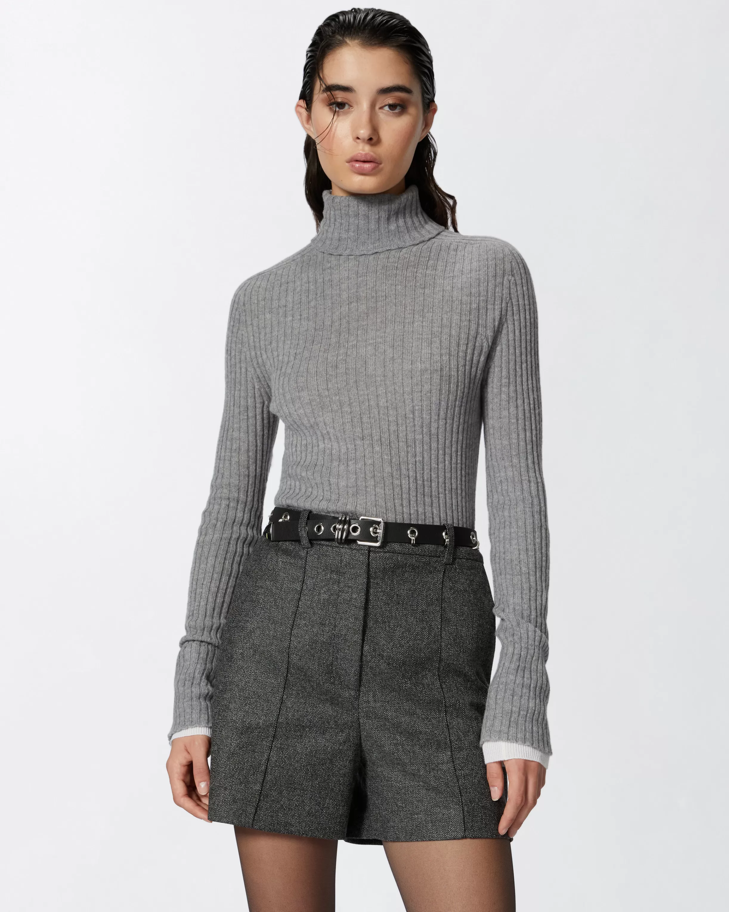 PINKO High-neck ribbed cashmere-blend sweater with lurex cuffs