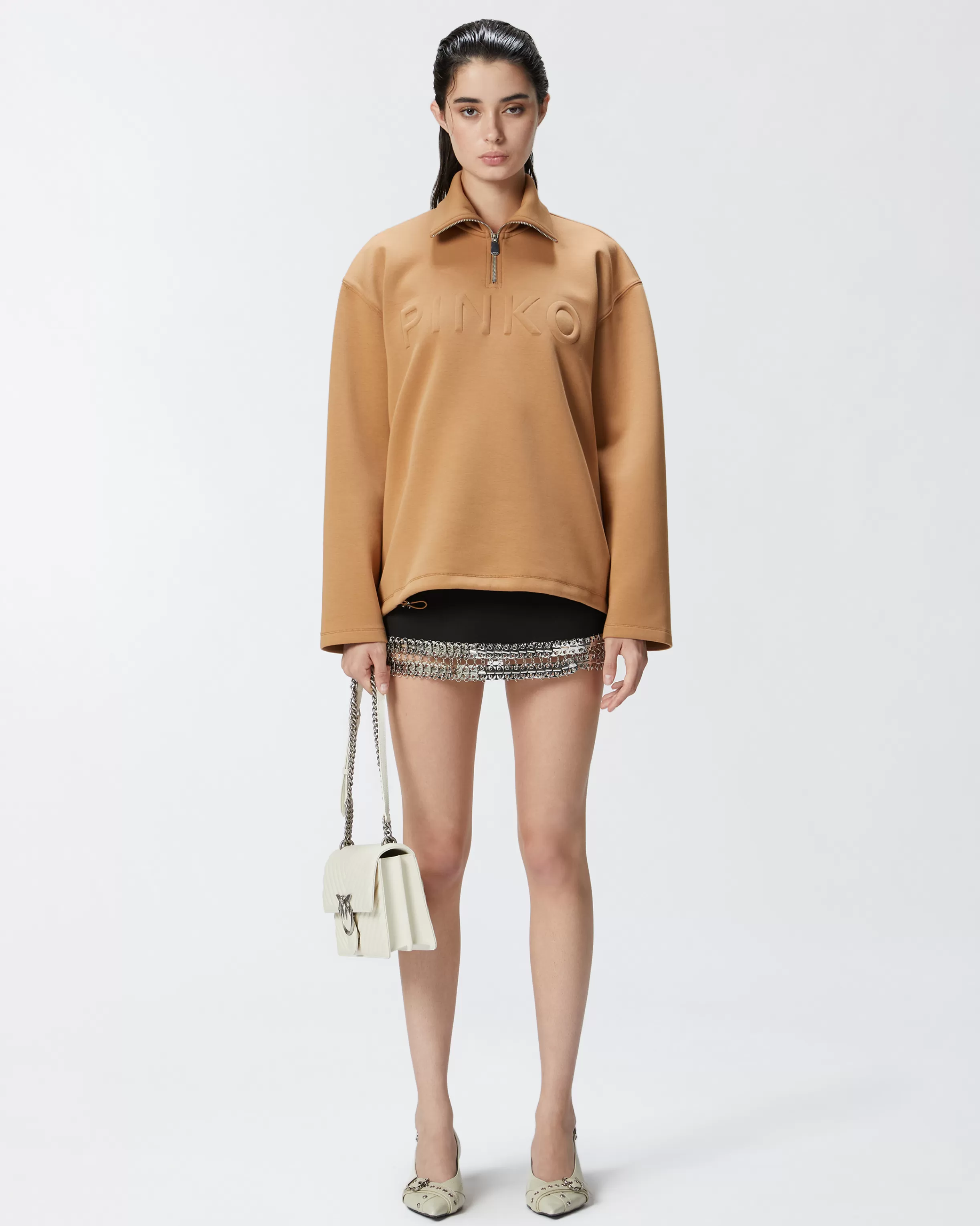 PINKO High-neck sweatshirt with zip and embroidered logo