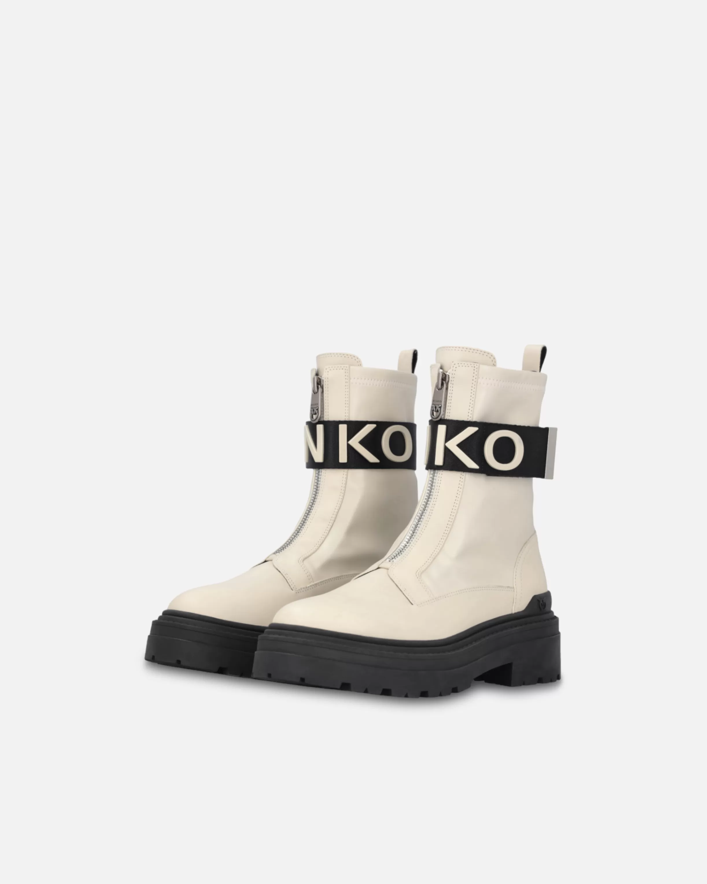 PINKO Leather combat boots with branded front stretch ribbon