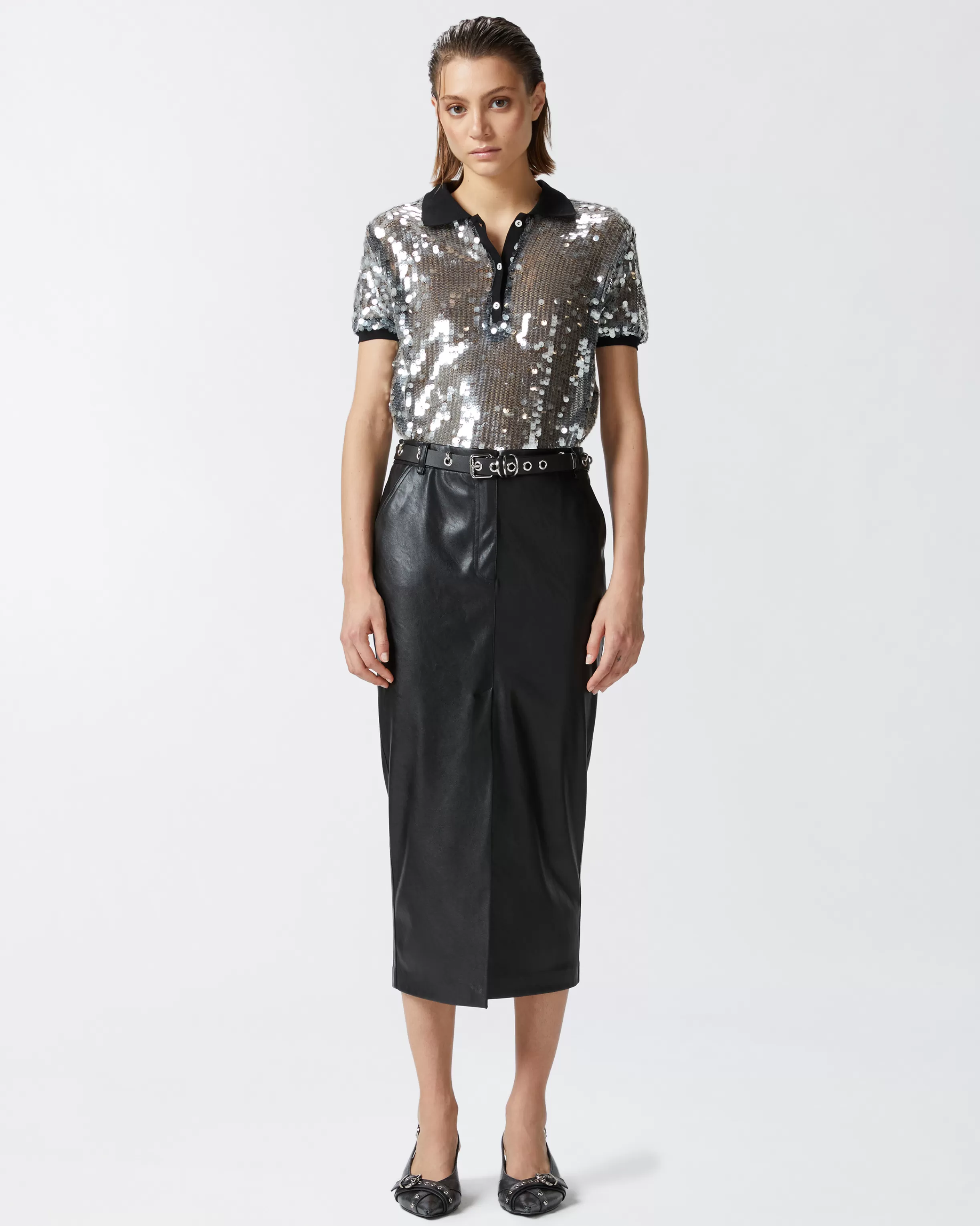 PINKO Leather-effect midi skirt with slit at the hem