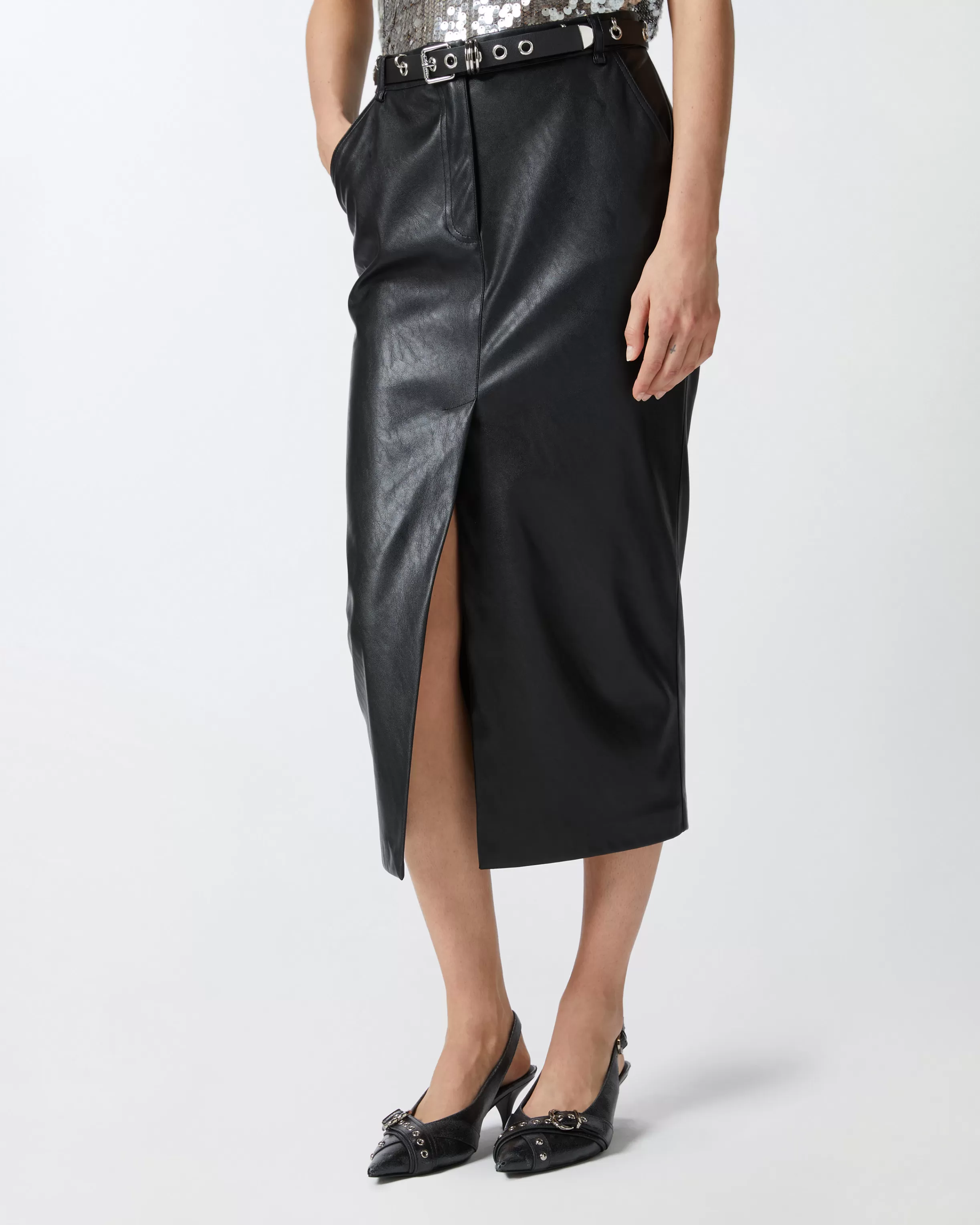 PINKO Leather-effect midi skirt with slit at the hem